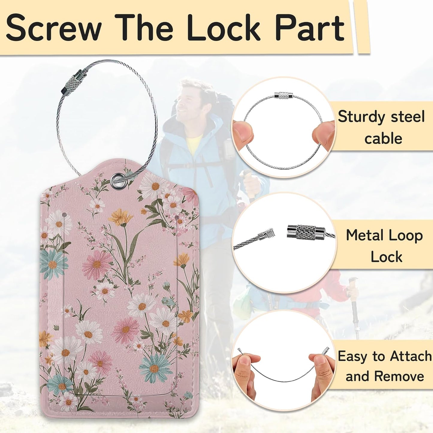 3 PCS Herbs Wild Flowers Luggage Tags,Vintage Floral Suitcase Tags Privacy Cover ID Label with Stainless Steel Loop and Address Card for Travel Bag Suitcase