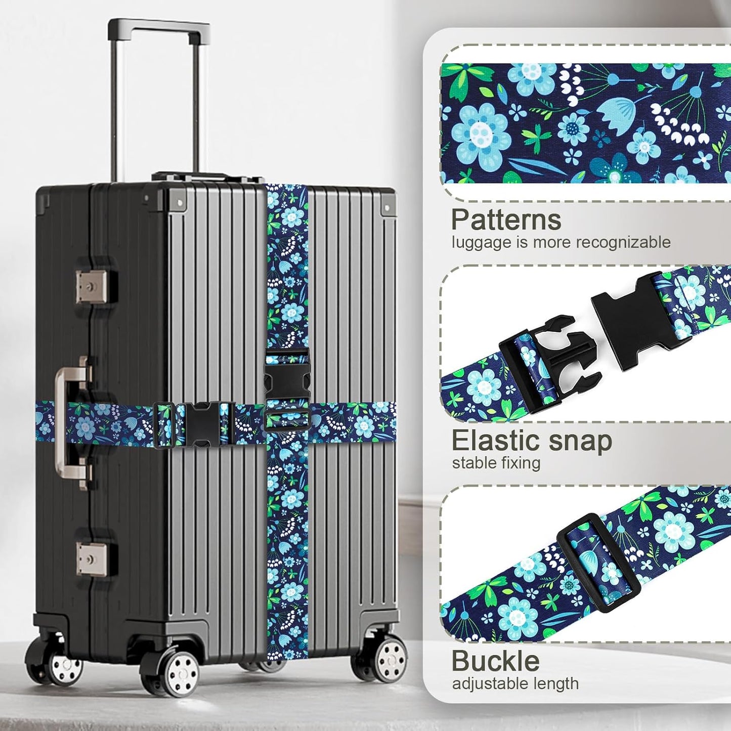 BILIONE Vibrant Flowers-Pattern Luggage Straps for Suitcases, Travel Belt Accessories Luggage Identifiers Adjustable Nylon Suitcase Belts for Travel 2 Pack (Blue Flowers)
