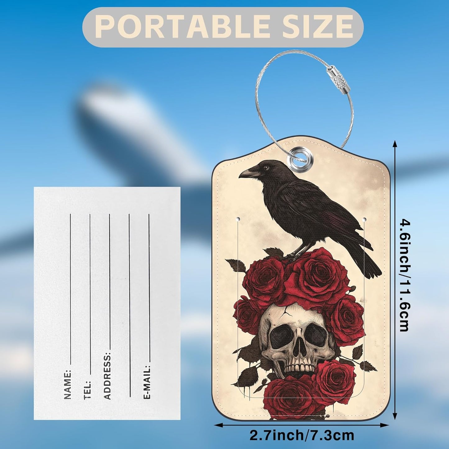2 Pcs Raven on Rose Skull Luggage Tags for Suitcases PU Leather Baggage Tags Name ID Label with Privacy Cover and Stainless Steel Loop for Men Women Travel Bag Suitcase