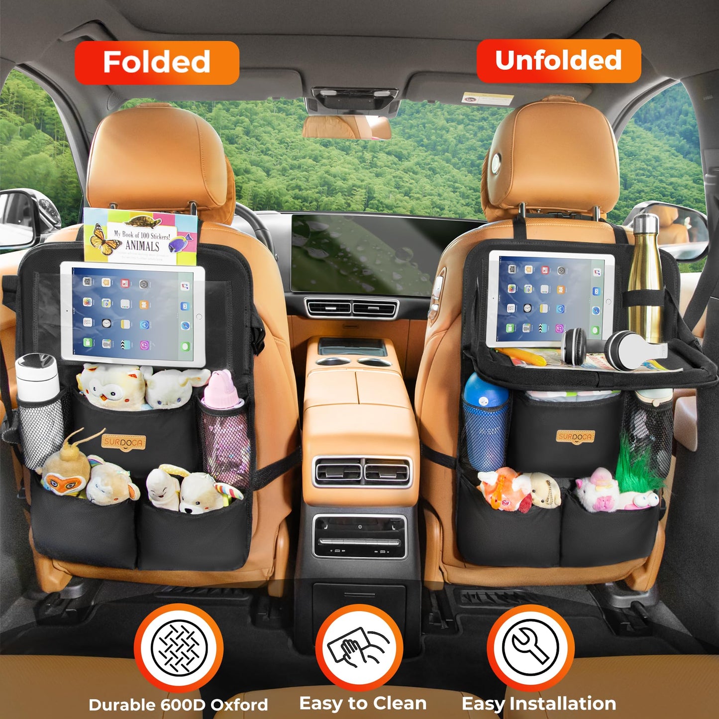 SURDOCA Backseat Car Organizer with Foldable Tray for Kids & Adults – NEW MODEL Seat Storage with