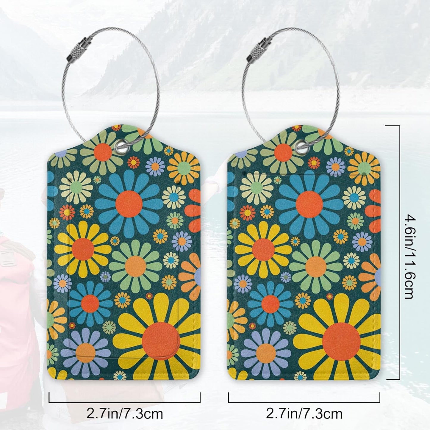 2Pcs Luggage Tag for Suitcase Hippie Flower Dasiy Cute Suitcase Tag with Privacy Flap & Name ID Label & Metal Loop,Travel Bag Luggage Tags for Women