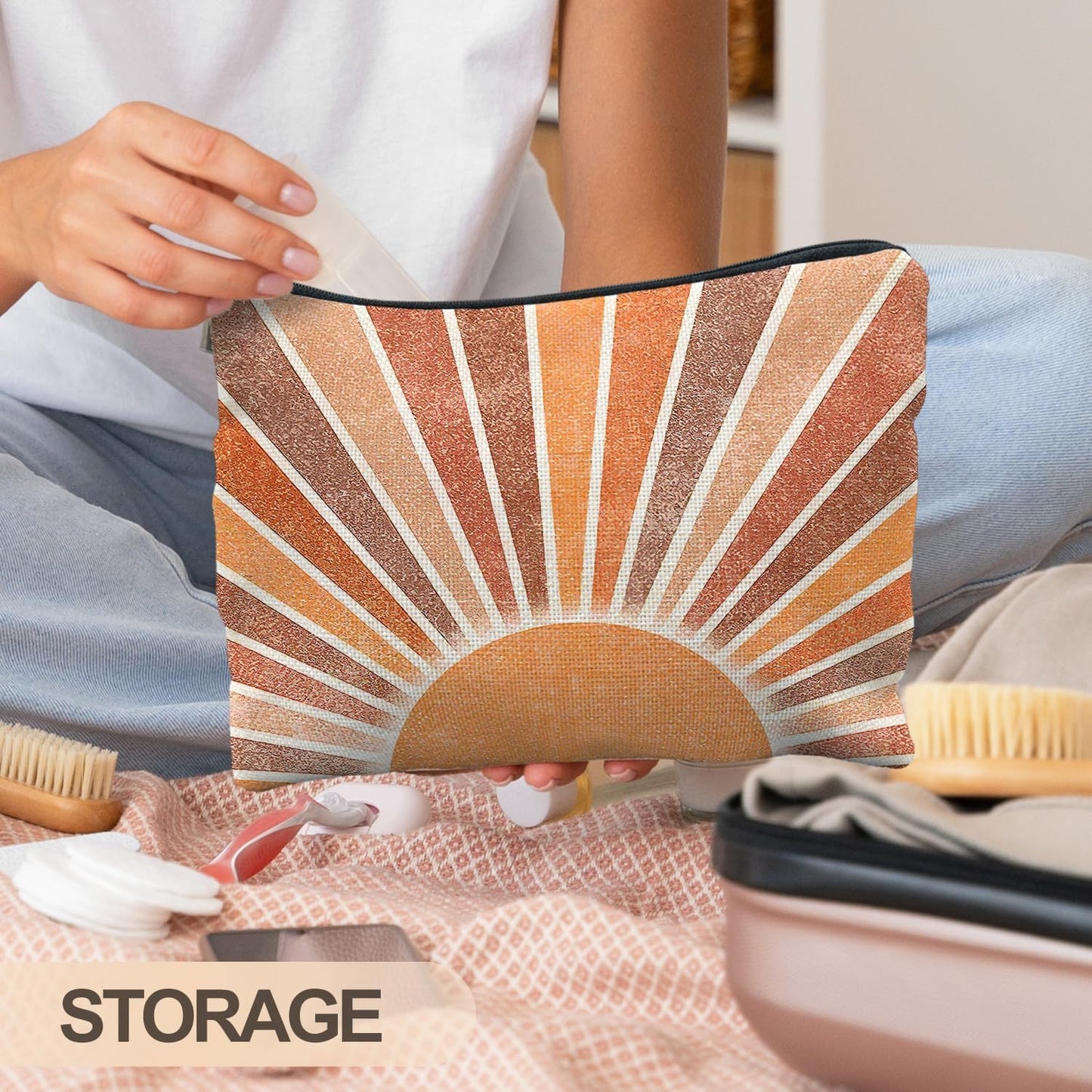 Boho Makeup Bag - Vintage Neutral Sun Cosmetic Bags for Women, Summer & Beach Use