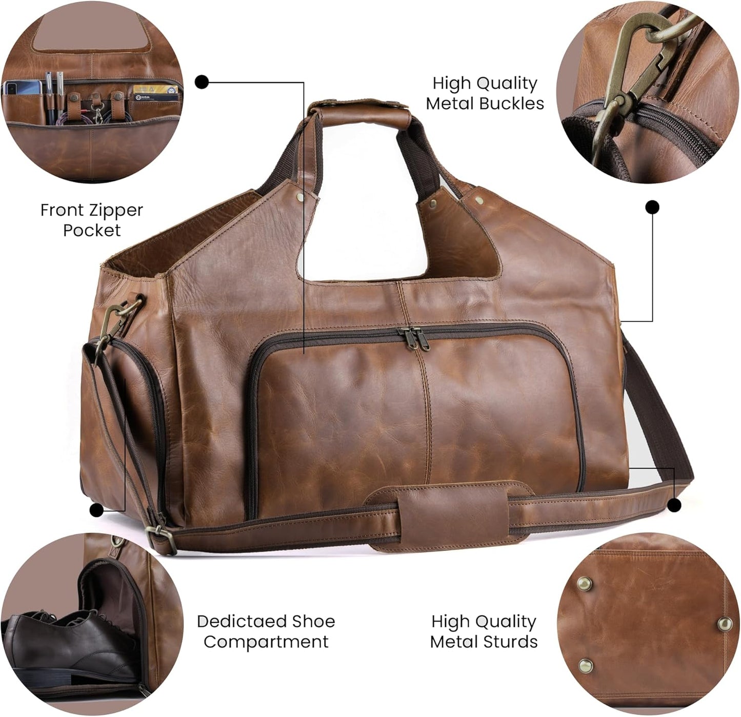 Handmade World Leather Travel Duffel Bags for Men and Women Full Grain Handcrafted Overnight Weekend Bags Sports Gym Duffle ' Leather Wanderer ' Versatile Business Travel Luggage