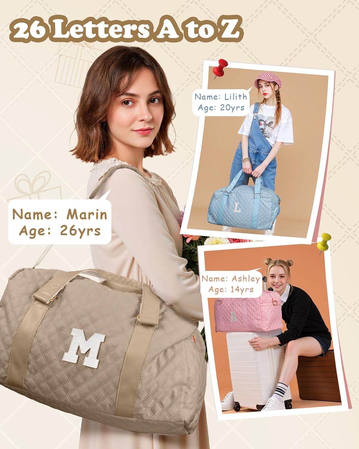 Monogram Duffle Bag Women Girls Gift: Initial Overnight bags, Dance Cheer bag Sports for Girl, Kid Gymnastics Bags, Birthday Gifts for Women Girls Kids Teens Mom Teacher