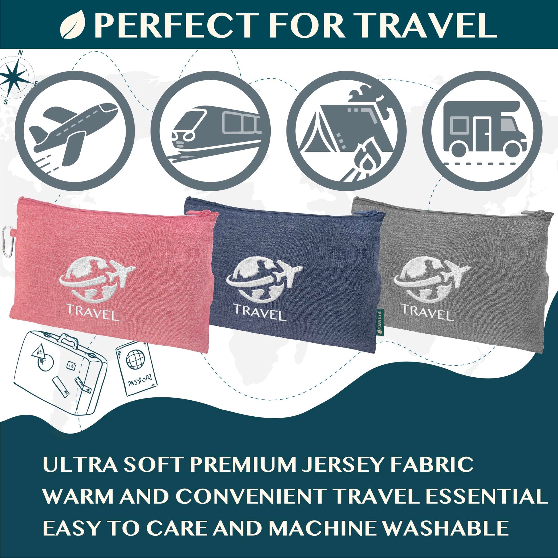 PAVILIA Travel Blanket Compact, Airplane Packable Bag, Soft Fleece Portable Throw Pillow Combo Set