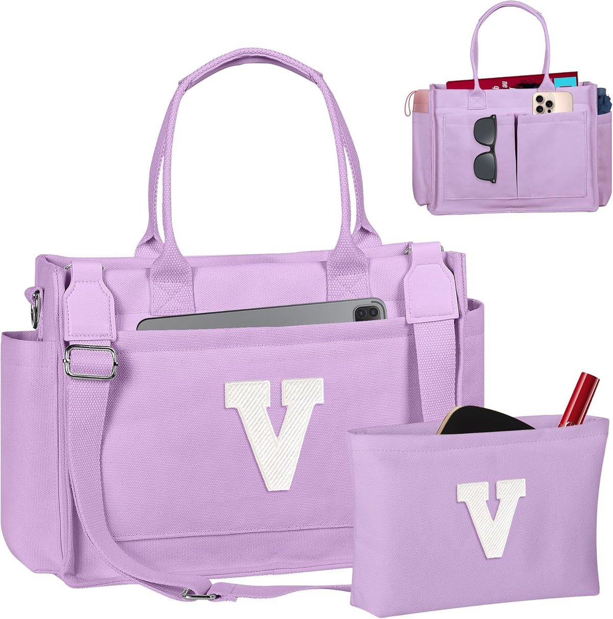 Gifts for Women Teen Girls, Initial Tote Bag with Zipper, Letter Canvas Tote Purse for College Work