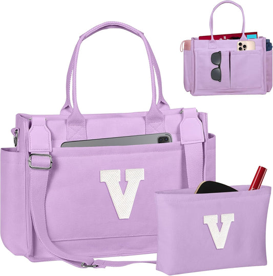 Gifts for Women Teen Girls, Initial Tote Bag with Zipper, Letter Canvas Tote Purse for College Work Laptop Beach