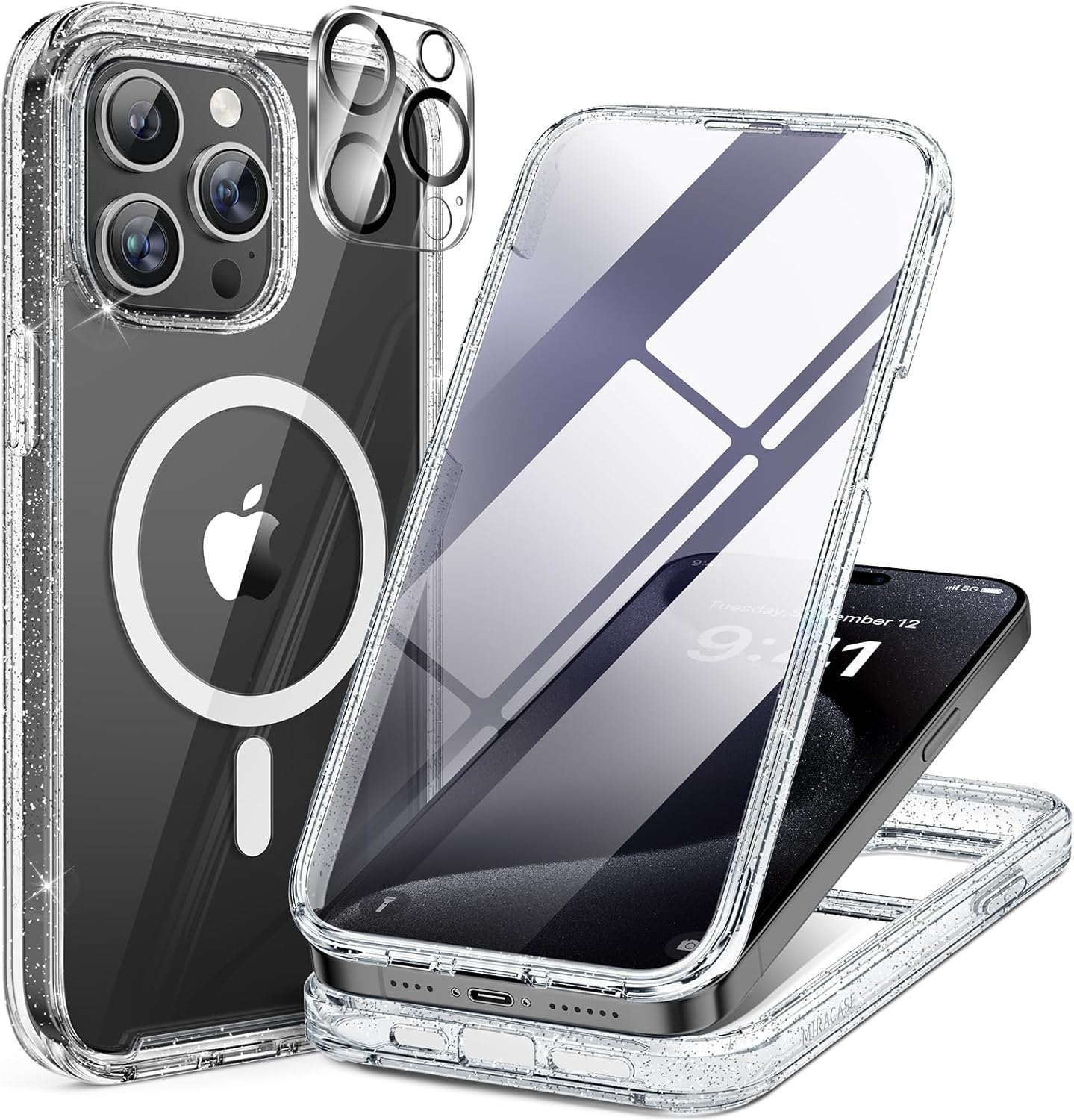 Miracase Magnetic for iPhone 12 Pro Max Case [Compatible with MagSafe] Full-Body Phone case with Built-in Glass Screen Protector& Camera Protector, Military Drop Proof 12 Pro Max Cover, Clear Glitter