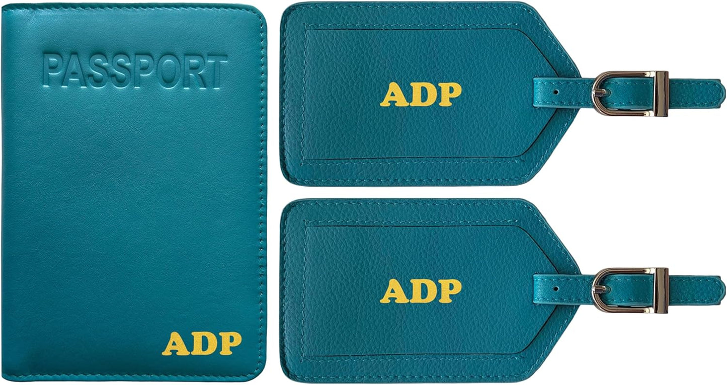 Personalized Monogrammed Teal Leather RFID Passport Cover Holder and 2 Luggage Tags