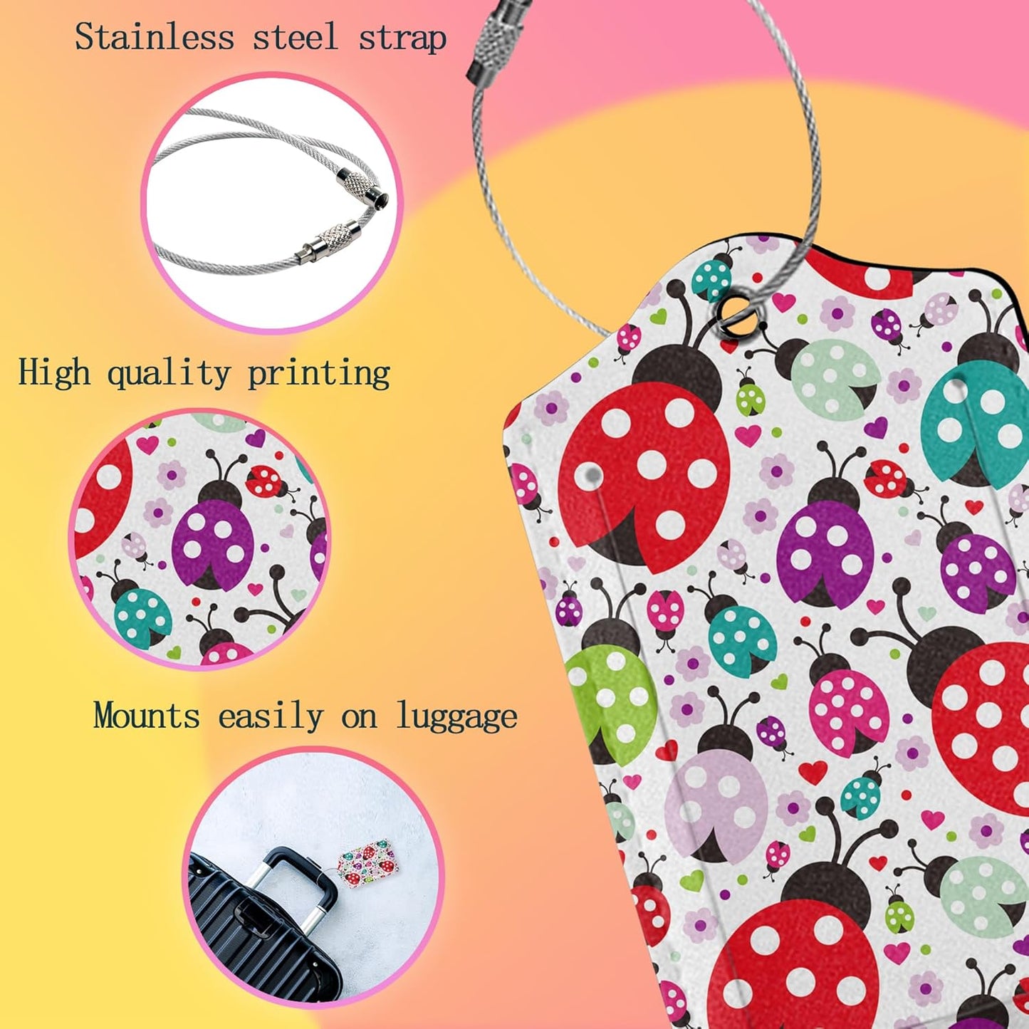 Luggage Tags for Suitcase,2 Pack Colorful Ladybug Insect Flower Leather Travel Cruise Luggage Tag with Privacy Flap,Name ID Label and Metal Loop for Women Girls Suitcase Backpack