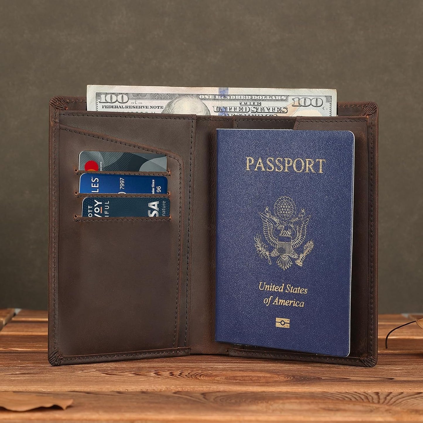 Polare Functional RFID Blocking Leather Passport Holder Travel Bifold Wallet For Men (Dark Brown with AirTag Slot)
