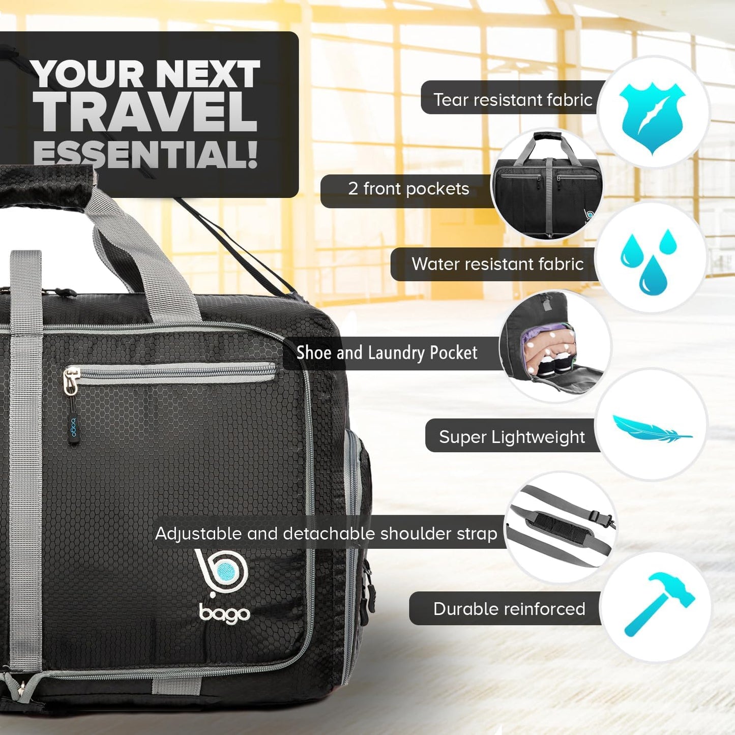 Bago Foldable Duffel Bags for Traveling Women & Men - 40L Sports Packable Duffle Bag for Travel with Shoe Compartment - Water Repellant, Heavy Duty, Lightweight Folding & Collapsible (Black)
