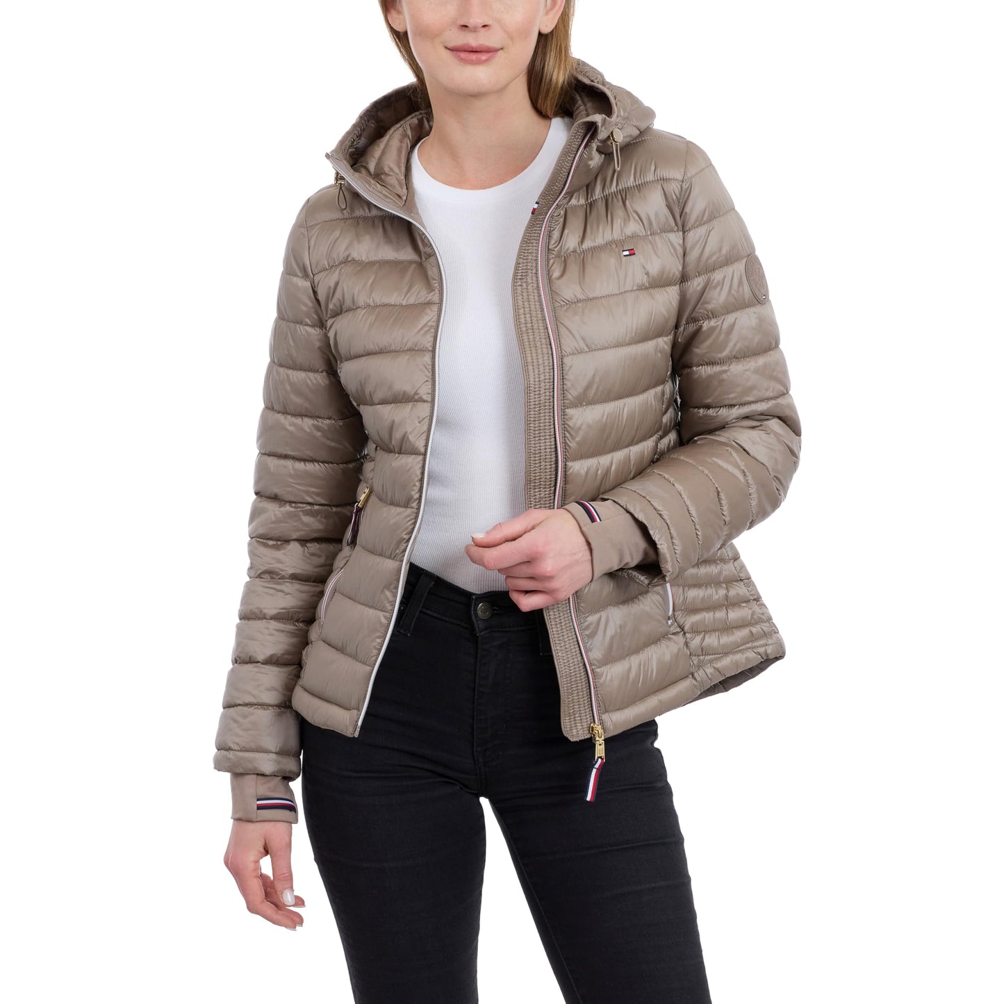 Tommy Hilfiger Women's Puffer Jacket, Lightweight Packable Jacket With Hood & Bag, Taupe, Large