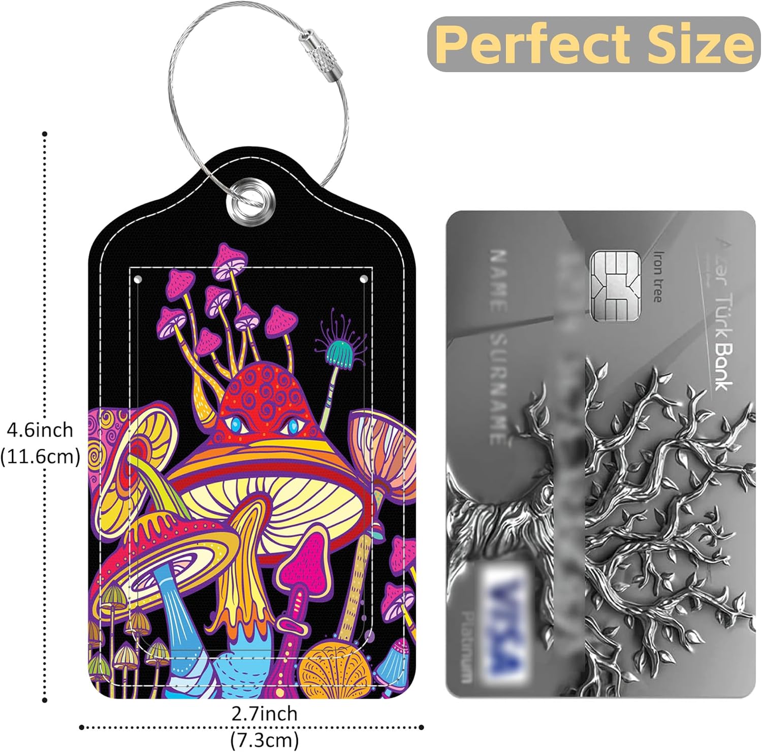 Luggage Tags for Suitcase Colorful Mushrooms 2 PCS Leather Travel Cruise Luggage Tag with Stainless
