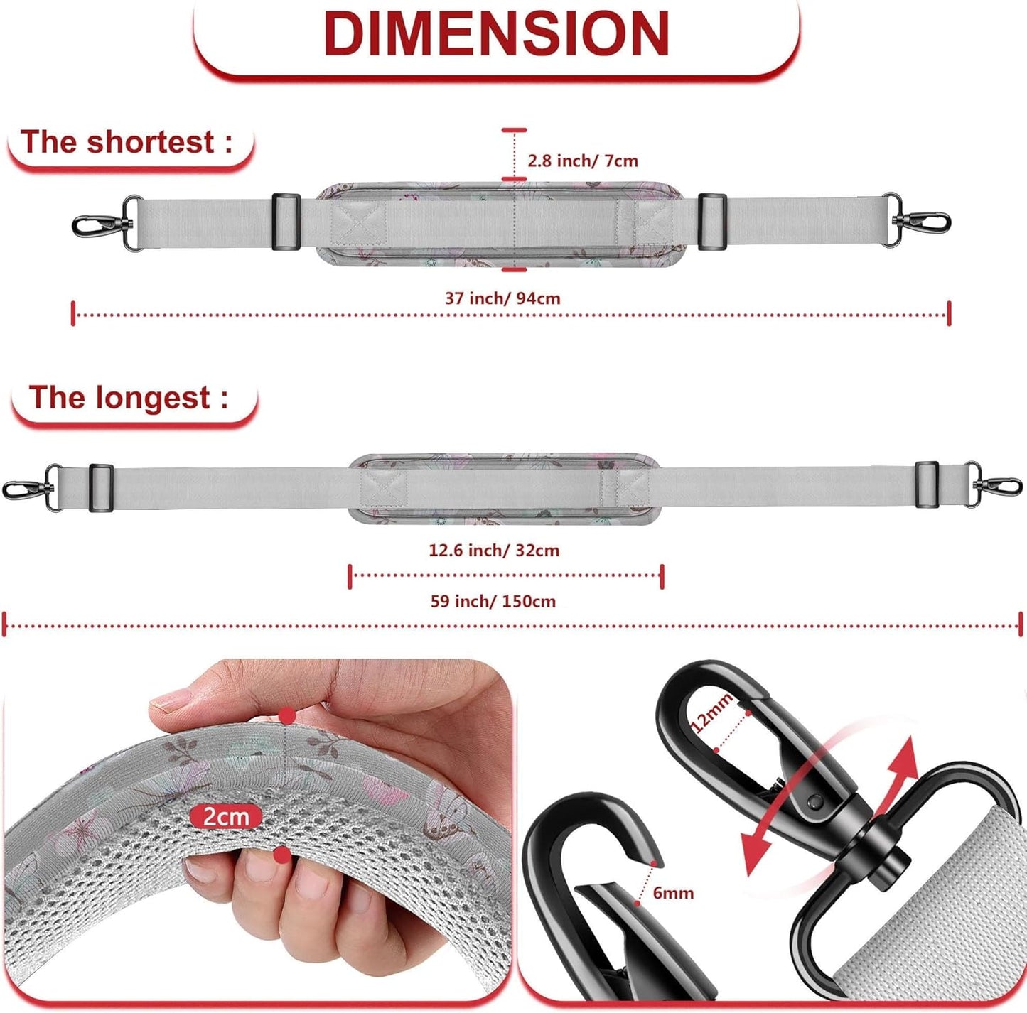 ZINZ Shoulder Strap - 59 Inch Universal Heavy-duty Adjustable Strap with Ultra-thick Fixed Breathable Pad for Laptop, Gym, Camera Bag and More -Butterfly