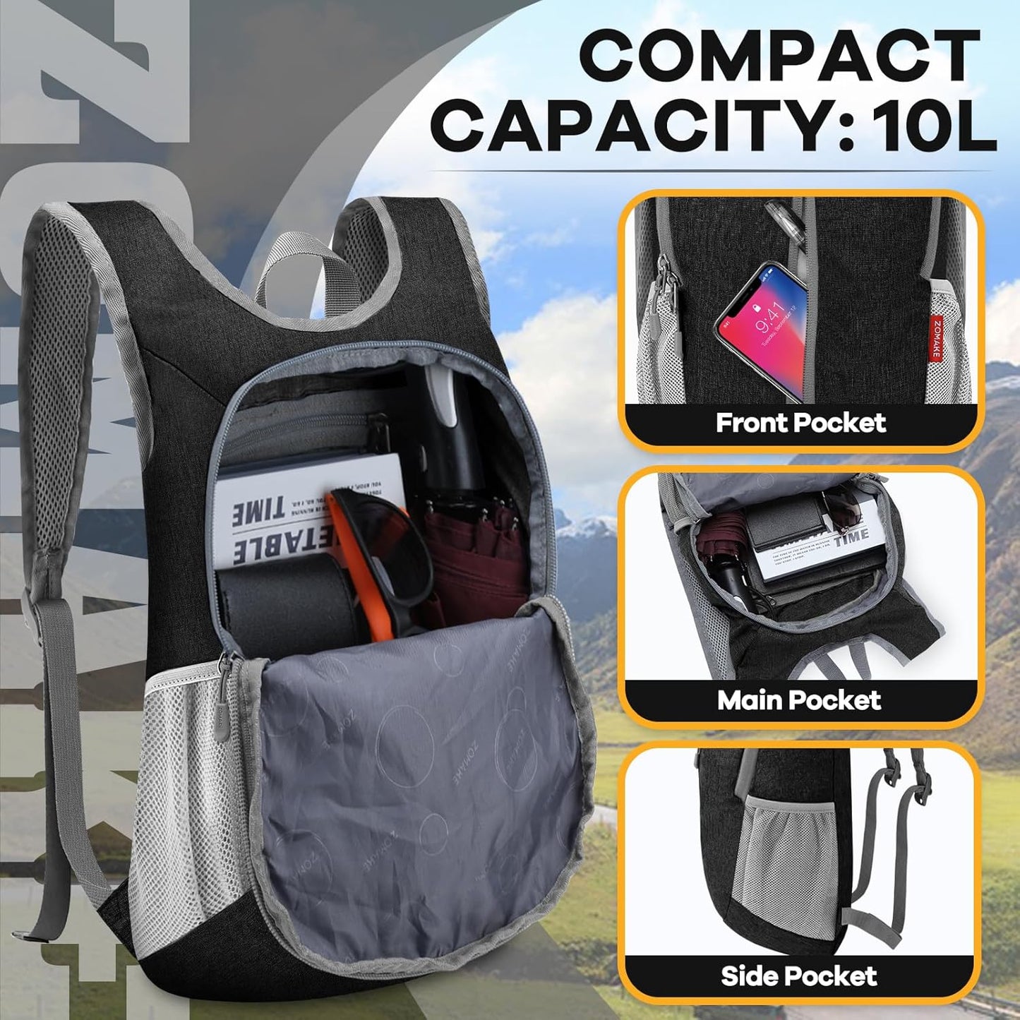 ZOMAKE 10L Ultra Lightweight Packable Backpack, Small Daypack Light Foldable Backpacks Water Resistant Day Bag for Hiking(Black)