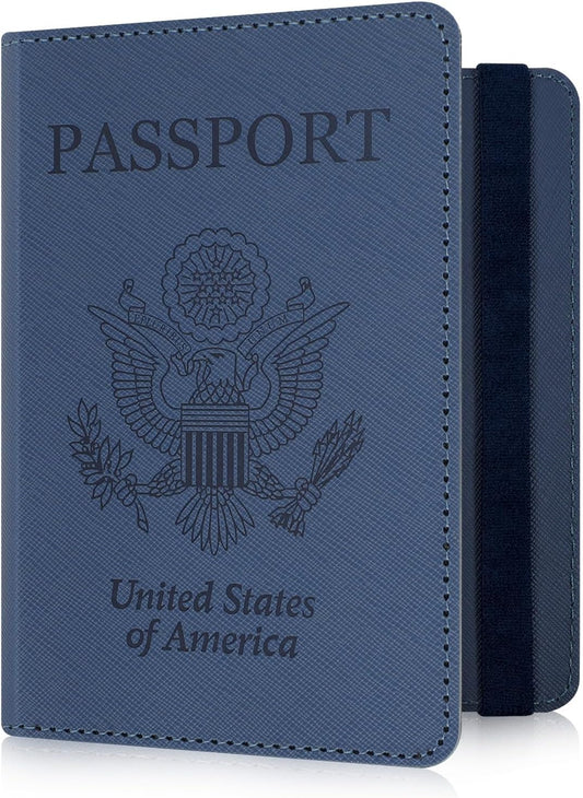 RSAquar Passport Holder for Women and Men, Premium PU Leather Travel Passport Wallet RFID Blocking Passport Cover Travel Documents Organizer (JD-Blue)