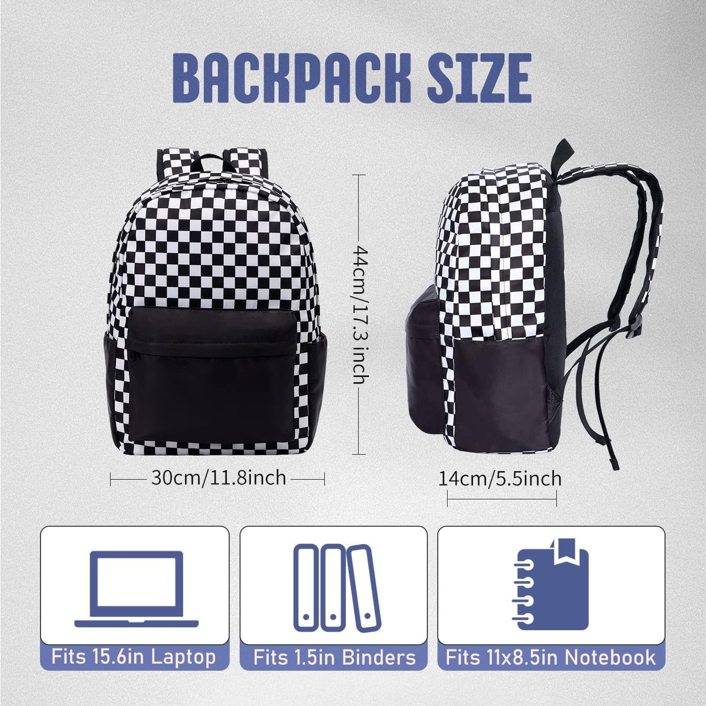 Checkered Backpack - School Backpack for Kids, Large Capacity, Waterproof, Lightweight, Black