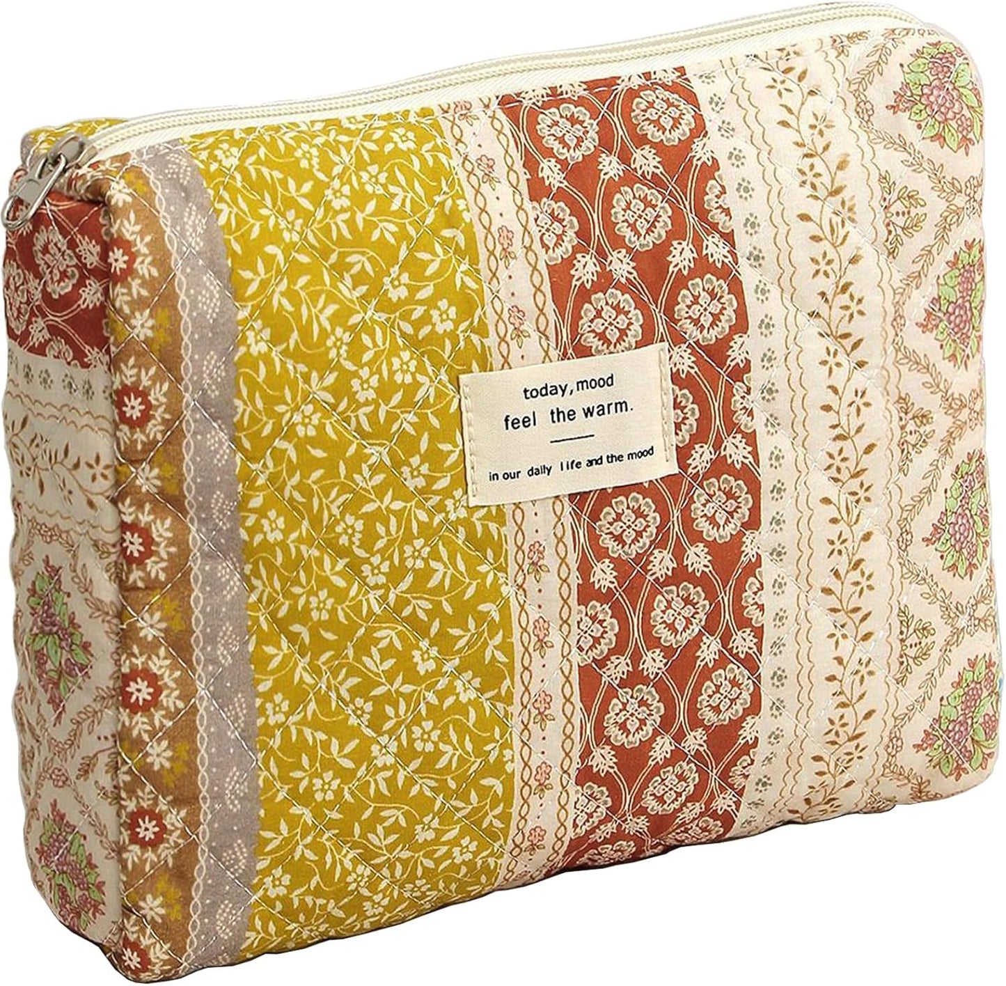 Quilted Makeup Bag, Large Makeup Bag, Cute Cosmetic Pouch for Women Girls, Floral Coquette Aesthetic Patchwork Travel Toiletry Make Up Organizer Bag