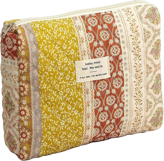 Quilted Makeup Bag, Large Makeup Bag, Cute Cosmetic Pouch for Women Girls, Floral Coquette Aesthetic Patchwork Travel Toiletry Make Up Organizer Bag