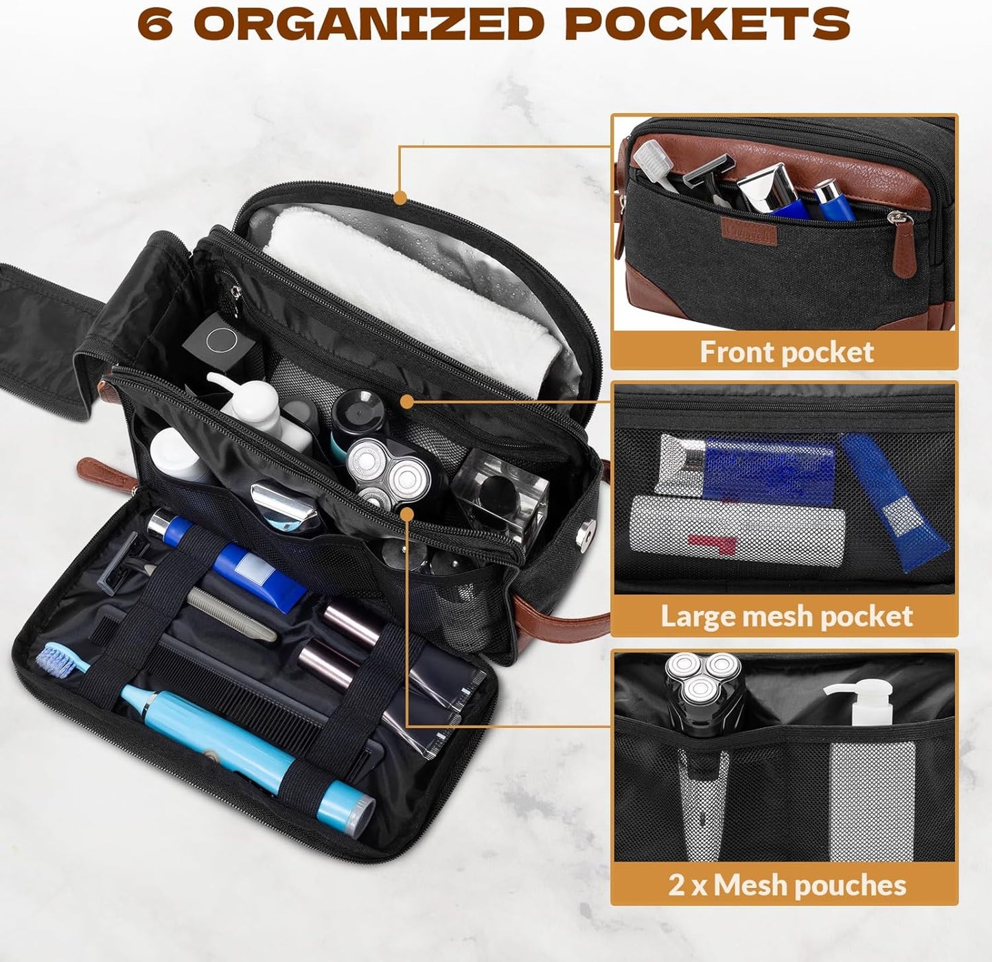 Travel Toiletry Bag for Men - Canvas Toiletries Bag with Multiple Pockets Large Hanging Travel Kit Bag for Toiletries Essentials Accessories - Dark Grey