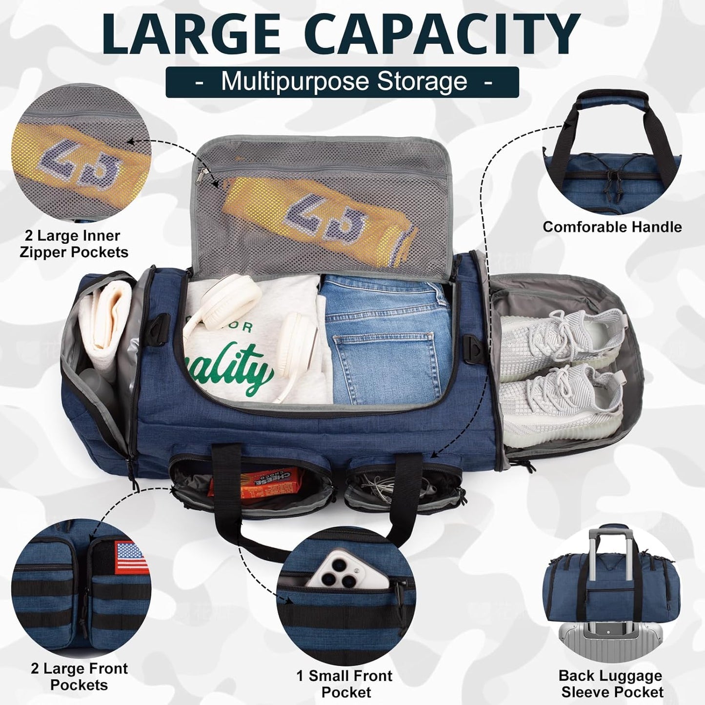 Tactical Gym Bag for Men，50L Large 3 in 1 Sports Duffle Bag with Shoes Compartment for Travel,Water
