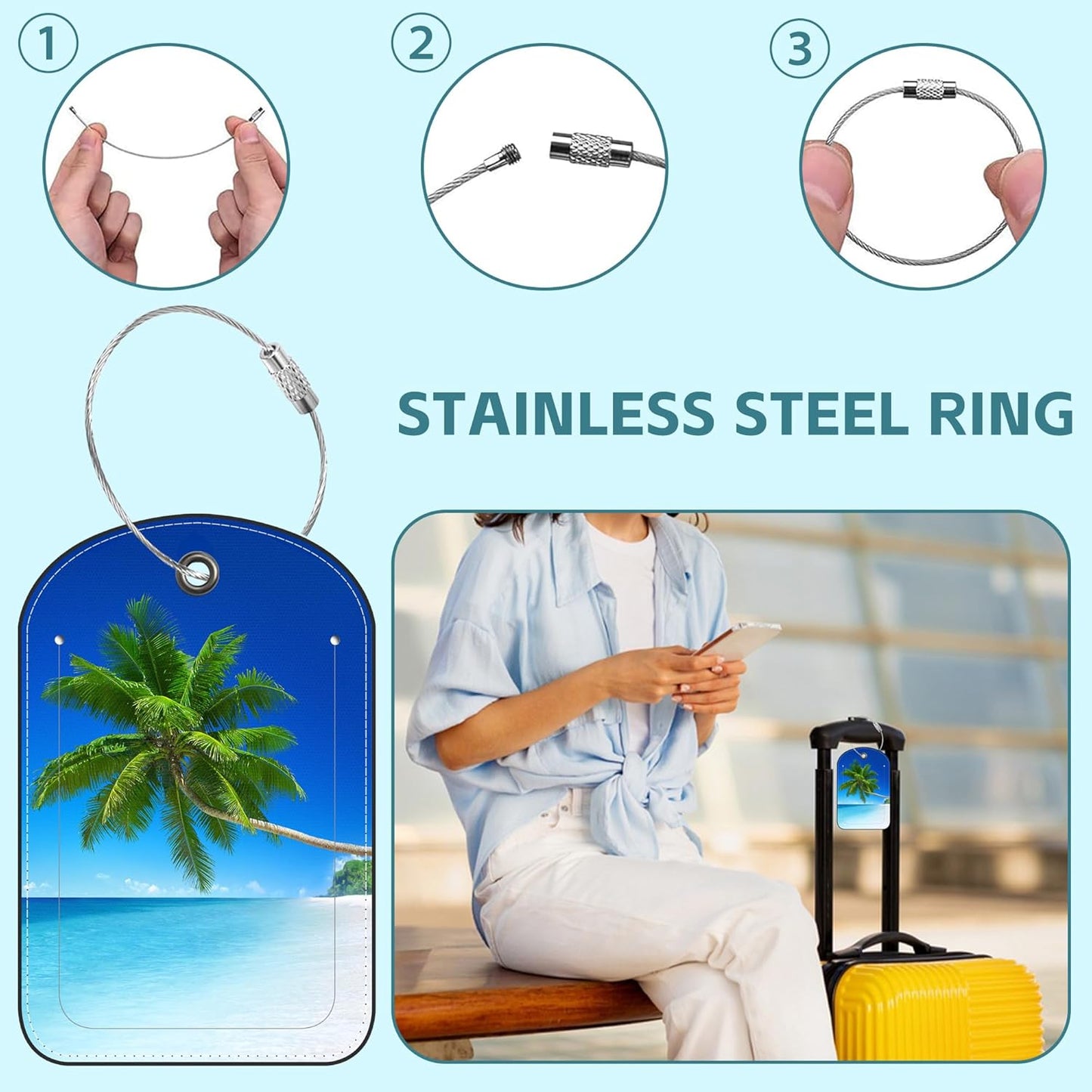 2 Pack Cute Luggage Tag for Suitcases Tropical Beach Leather Luggage Tags with Stainless Steel Loop Privacy Flap Name Tags,Men and Women Travel Bag Suitcase Tags