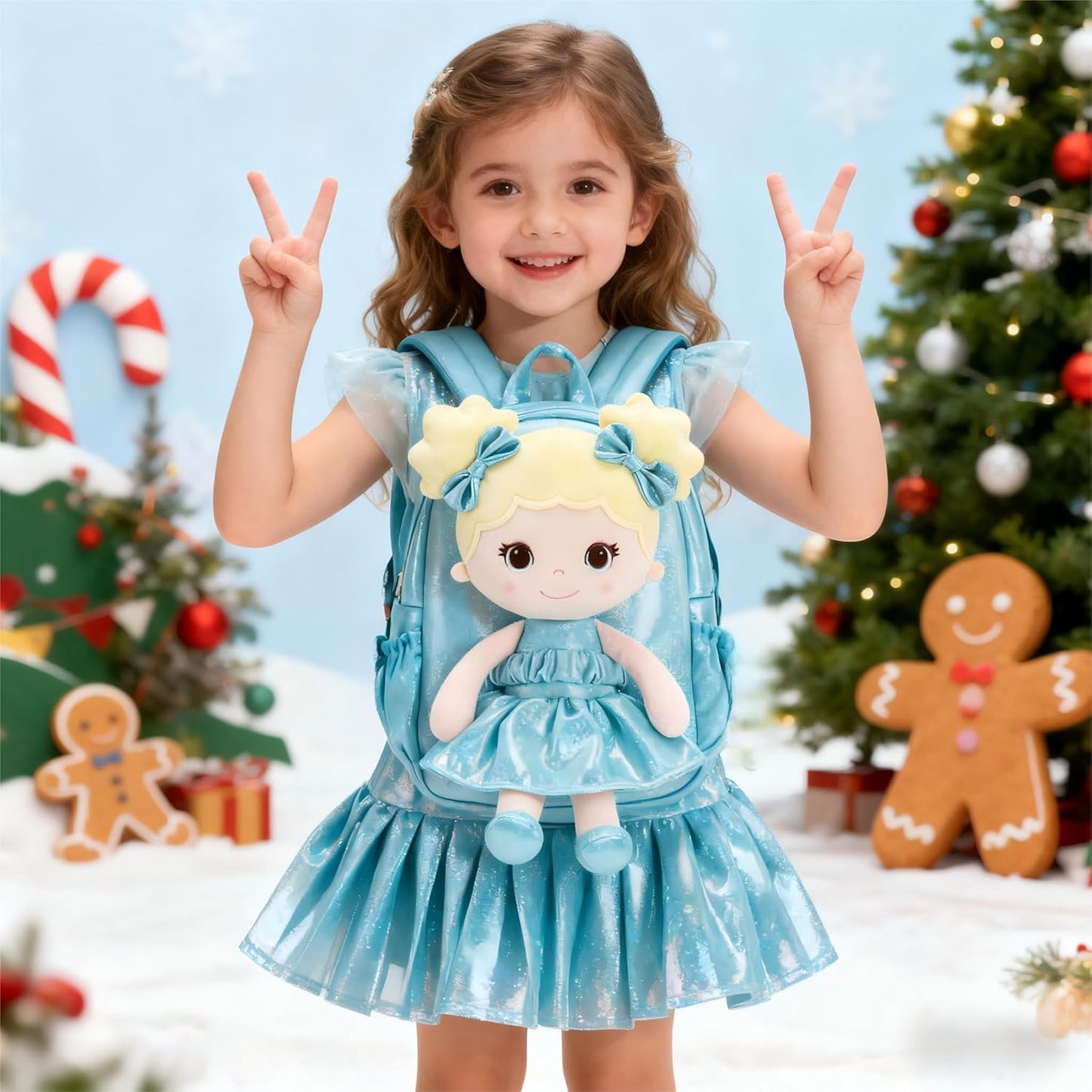 Lazada Toddler Backpack - Baby Girl Gifts Curly Fingerprints Plush Doll Dress Backpack - Fashion Girls Curly Rolled Fingerprints Series - Lake Blue 11 Inches