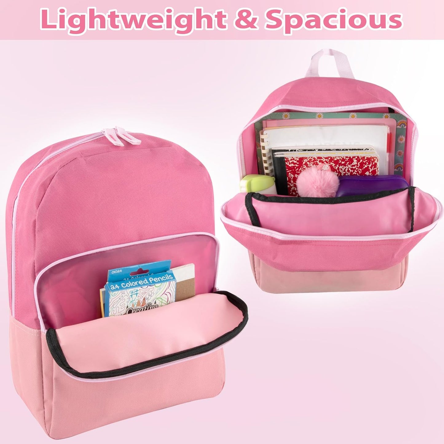Color Block Backpacks for School Boys and Girls, 15 Inch Two Tone Colorful Small Travel Backpack for Kids (Pink)