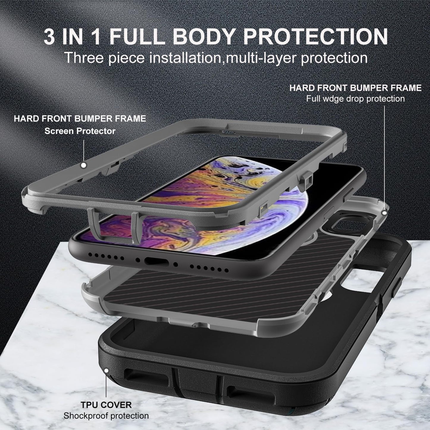 for iPhone Xs Max Case, Military Grade 3 in 1 Heavy Duty Shockproof/Drop Proof/Dust Proof Case with 2Pcs Tempered Glass Screen Protector (Black/Grey)