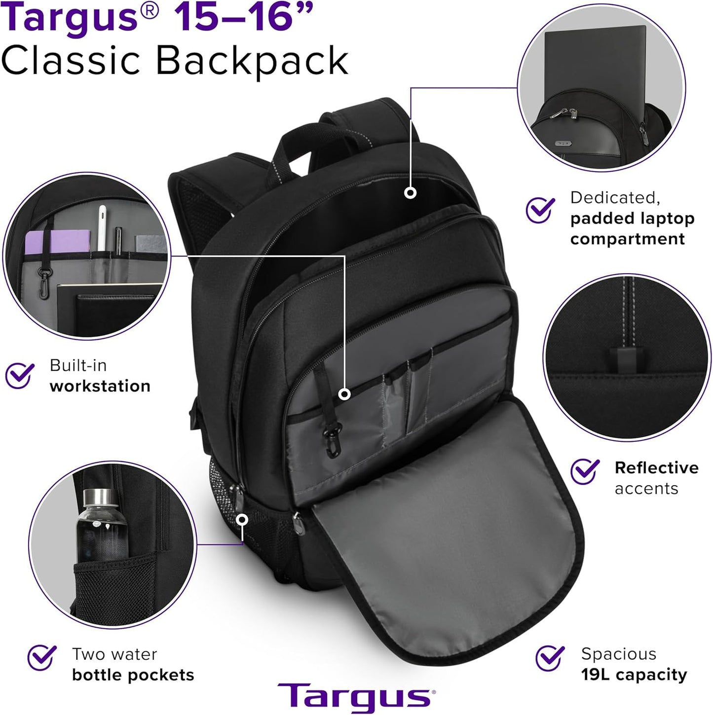 Targus 15-16 Inch Classic Laptop Backpack - Fits Most Laptops up to 16", Padded Travel Backpack for Business Commuters, College, and Travel (TBB943GL)