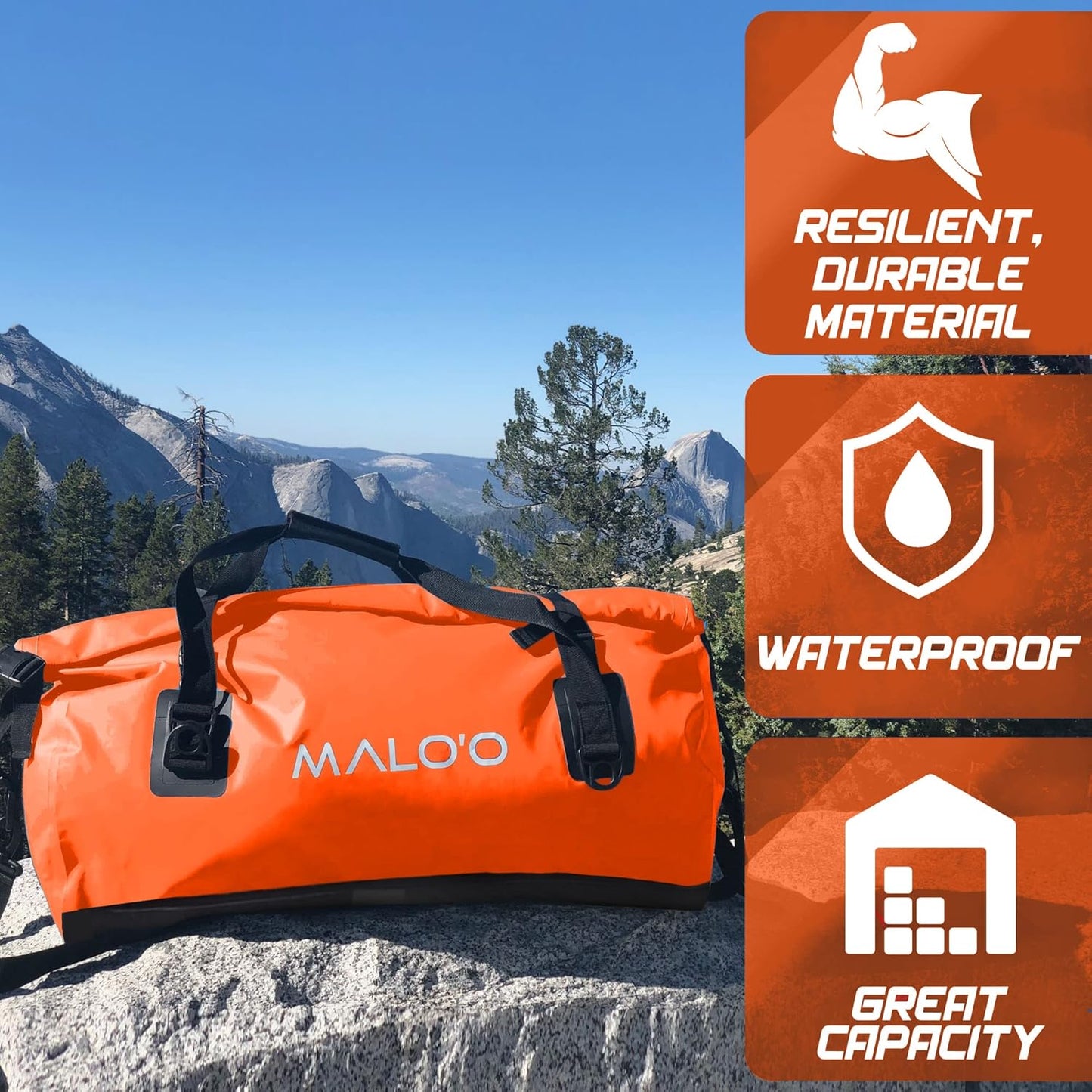 Malo’o Waterproof Dry Duffel, Heavy-Duty Roll Top Waterproof Gear Bag with Shoulder Strap & Molle Loops, Marine Duffel for Kayaking, Boating, Camping, Beach & Travel, Orange, 100L