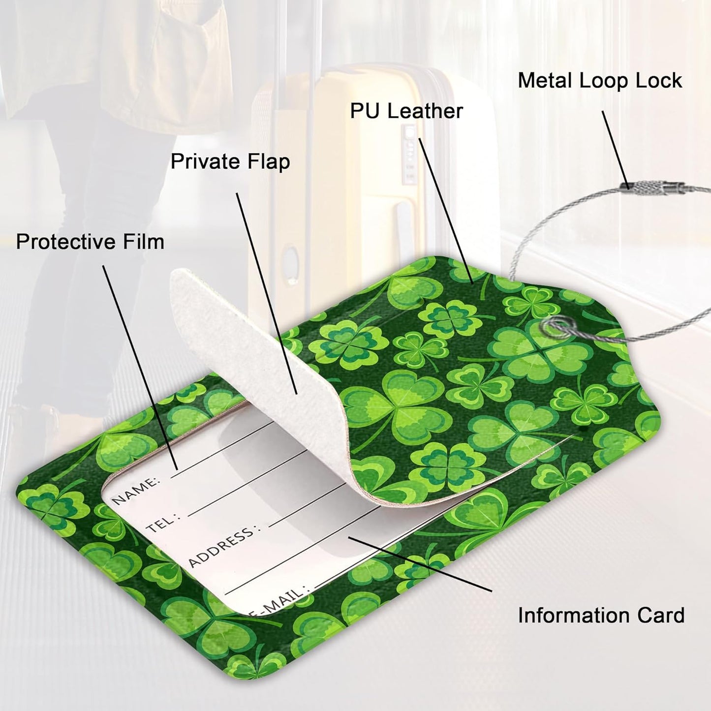 Luggage Tag,St. Patrick's Day Luggage Tags for Suitcases with Privacy Name Id Card PU Leather Luggage Tags for Women/Men Travel Lucky Green Clover Leaf