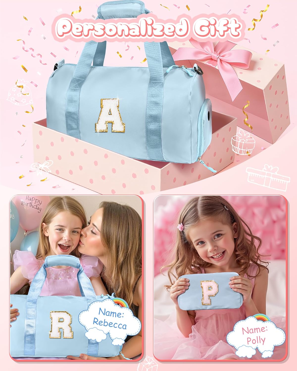 Christmas Gifts for Girls-Girl Gym Bag with Shoe Compartment, Kid Personalized Weekender Overnight Bags, Initial Travel Tote with Makeup Pouch, Gift for 8 Year Old Girl (Letter P)