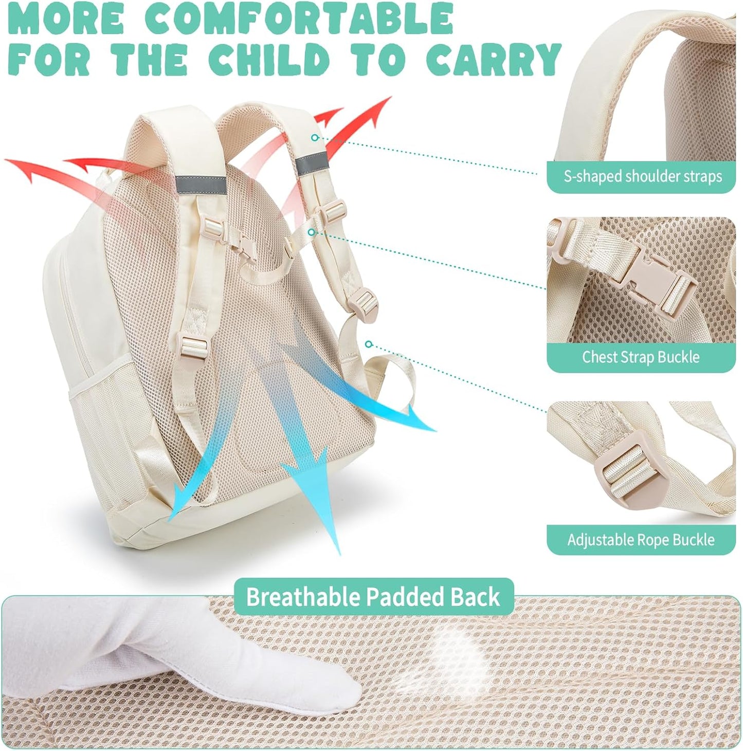 NOL Natural Organic Lifestyle Kids Backpack, School Backpacks for Teens Girls Boys, School Bookbag with Pencil Bag & Reflective Stripe for Elementary School - Cream