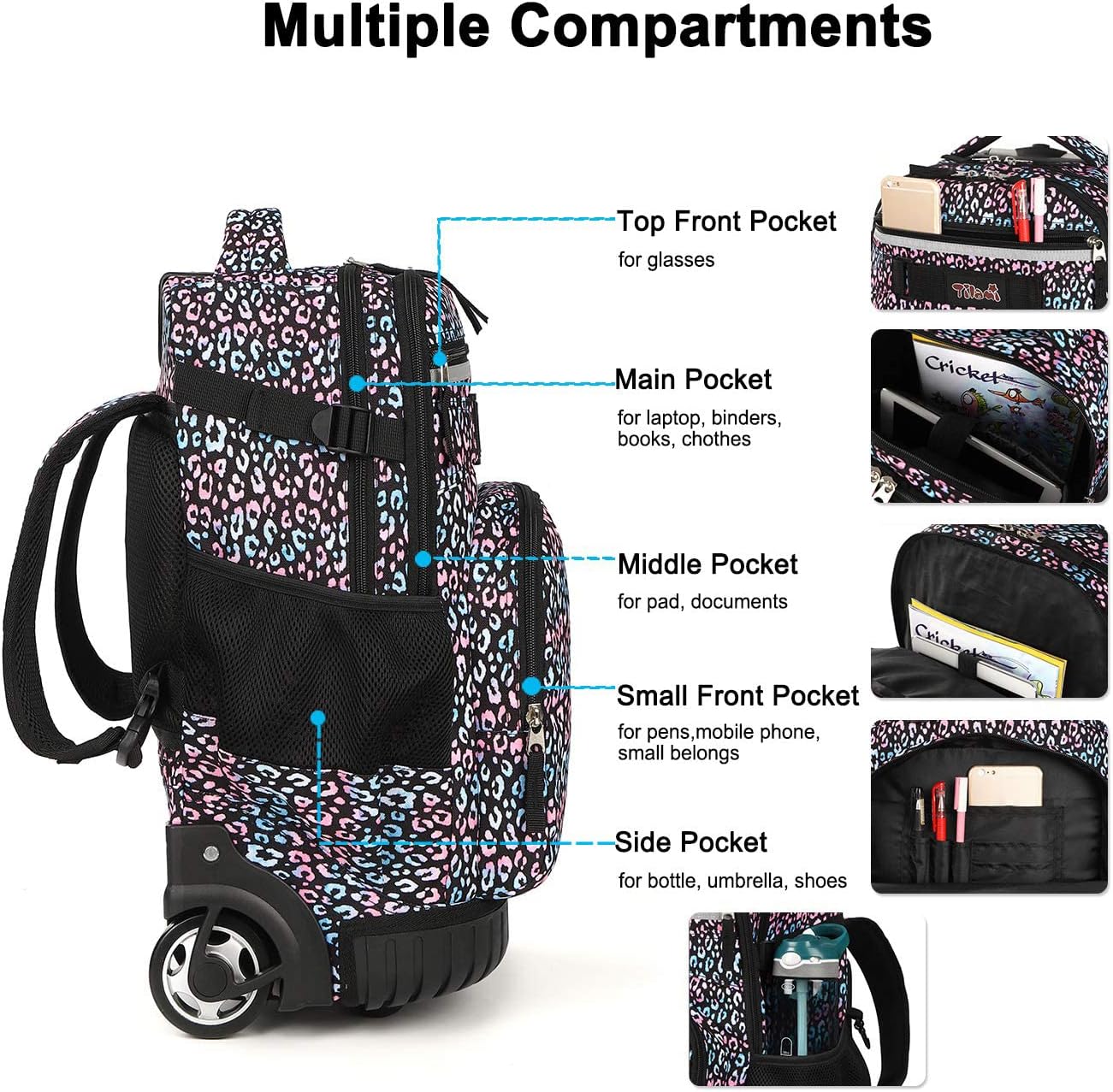 Tilami Rolling Backpack 18 inch Wheeled Backpack School College Student Travel Trip Boys and Girls