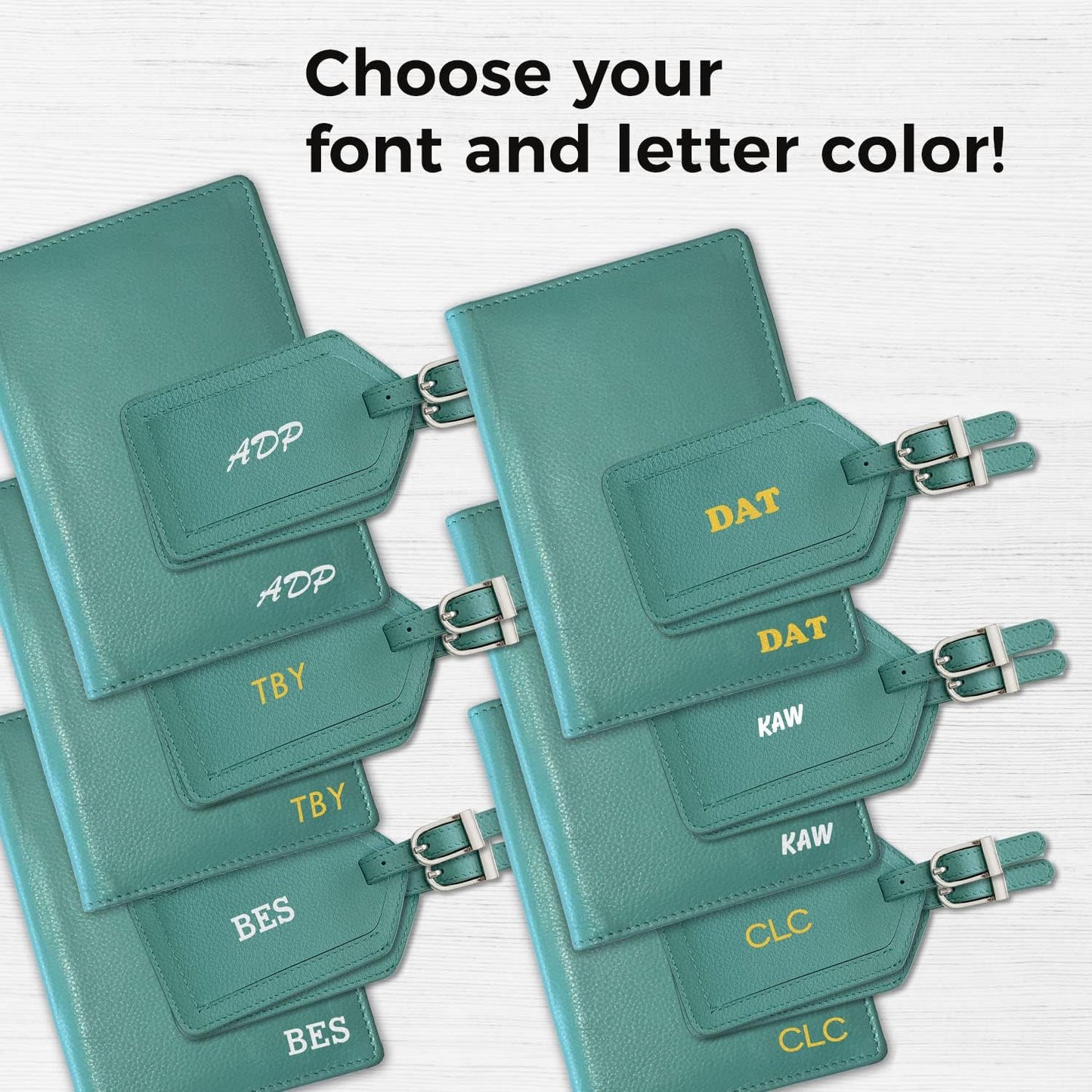 Personalized Monogrammed Turquoise Leather RFID Passport Wallet and 2 Luggage Tags