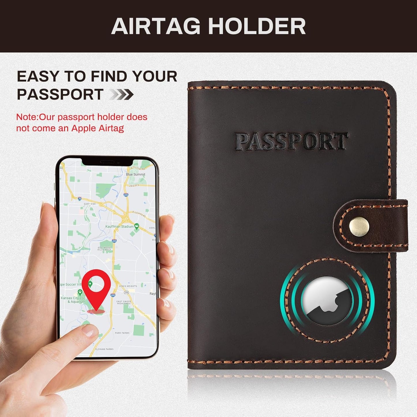 Full Grain Leather Passport Holder with AirTag, Travel Passport Wallet and Air Tag Cover for Men and Women, with 4 Card Holder
