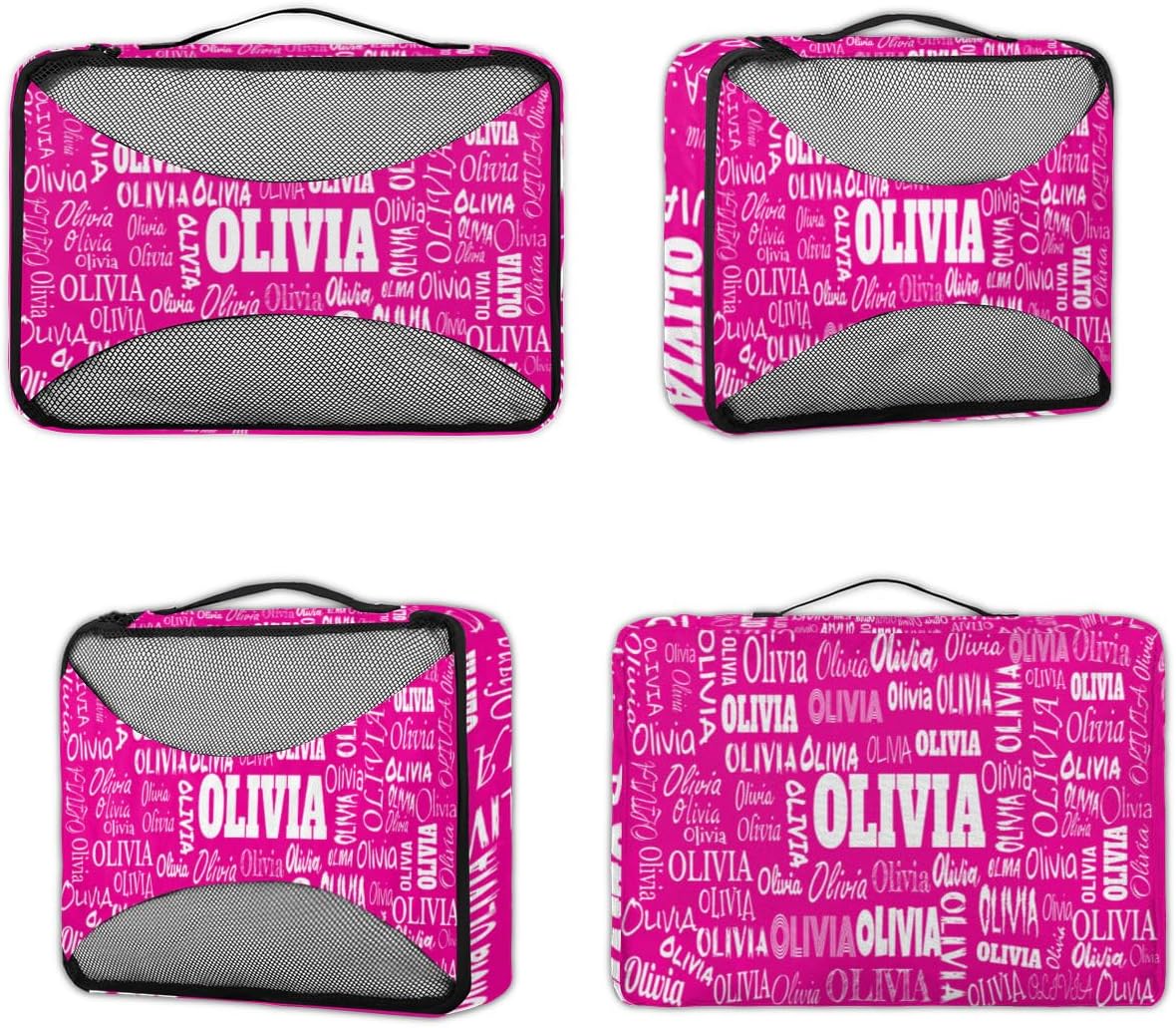 Custom Packing Cubes with Name - 4 Piece Packing Cubes Compression Luggage Suitcase Organizer Set, Deep Pink