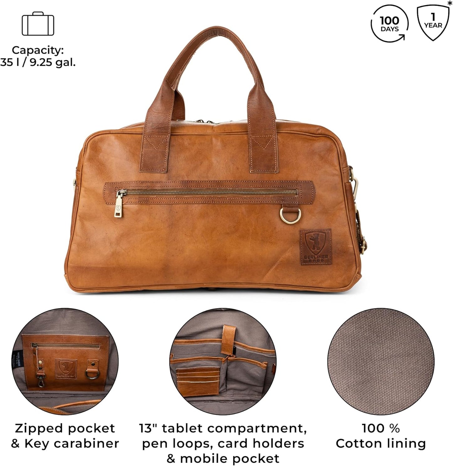 Berliner Bags Vintage Genuine Leather Duffle Bag Austin M for Travel or the Gym, Weekender Bag, Overnight Bag for Men and Women - Brown