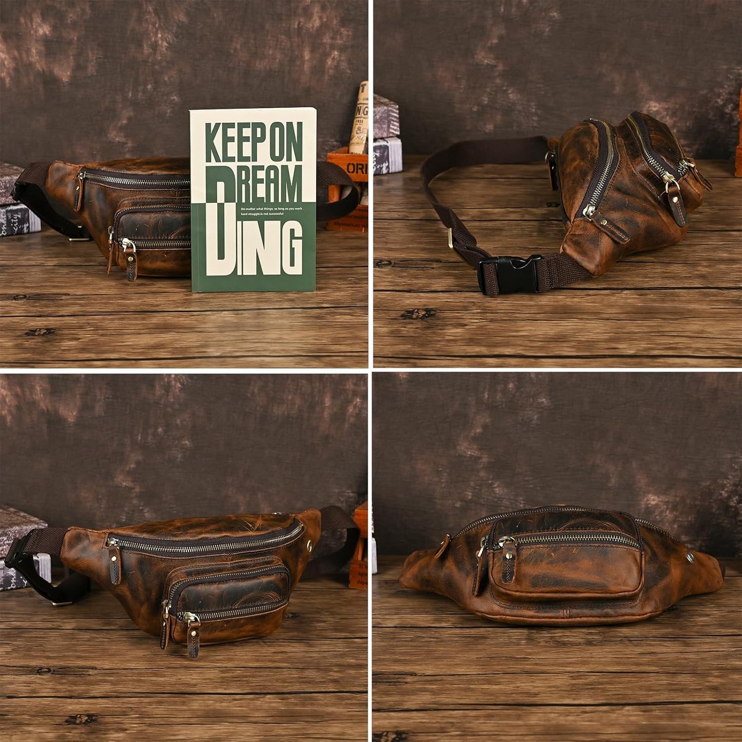 Thick Crazy Horse Leather Hiking Riding Travel Outdoor Belt Bag Fanny Waist Pack Small Phone Pouch For Men Women 380 (387 Brown)
