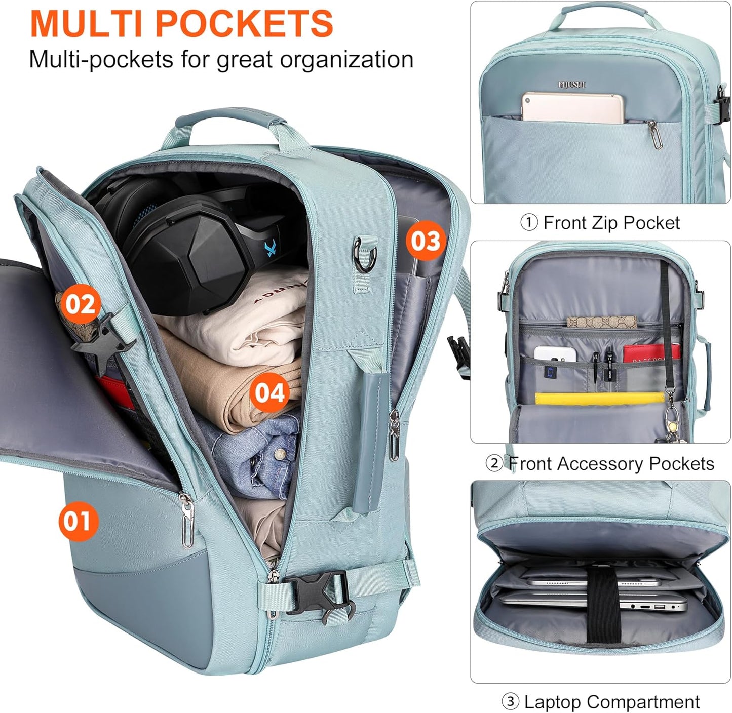 PIJUSHI Travel Backpack for Women Carry on Suitcase Backpack Flight Approved Personal Item Bag Fits 16 Inch Laptop(PE035 Blue)