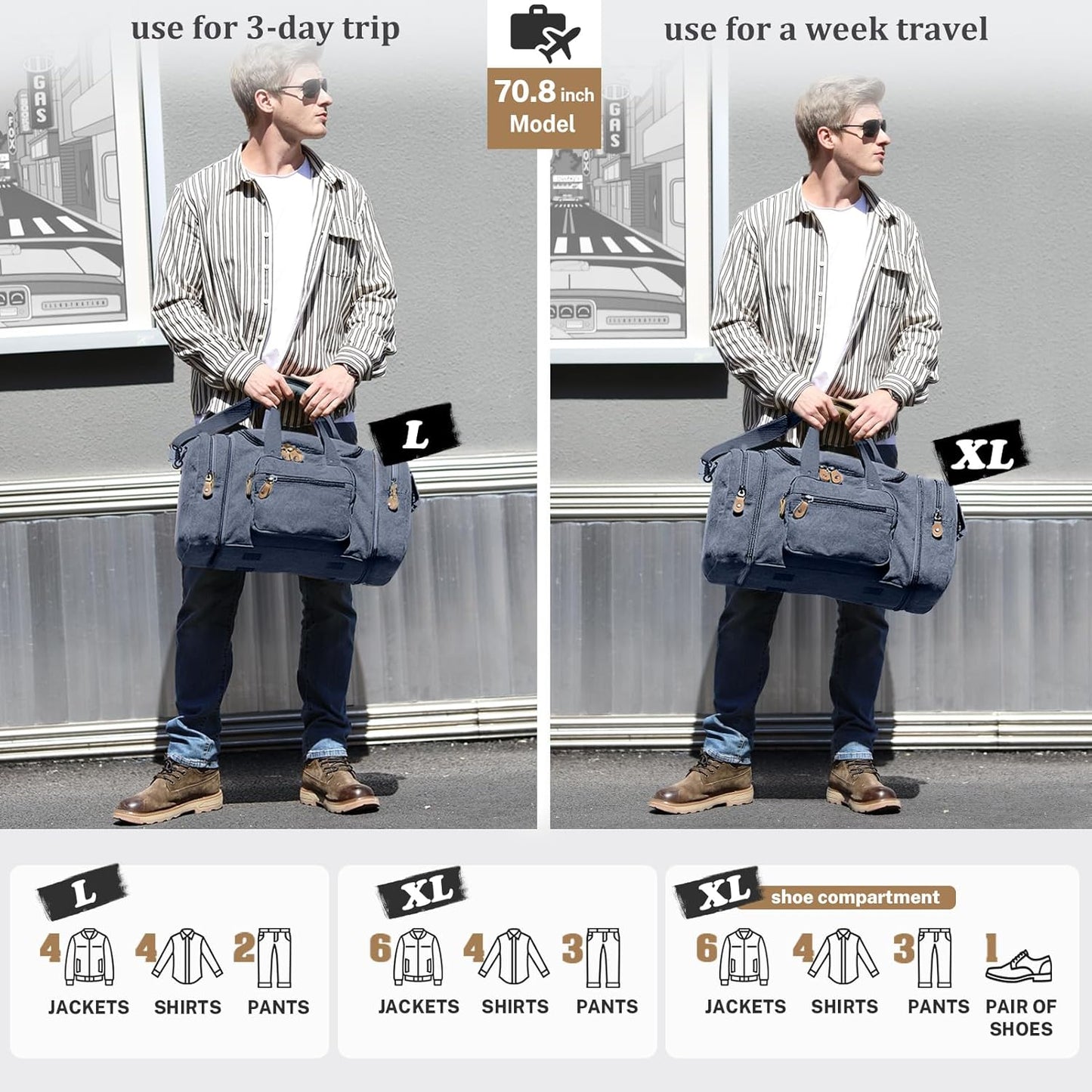 Gonex Canvas Duffle Bag for Travel 50L Expandable Duffel Weekend Overnight Bag (Denim Blue)