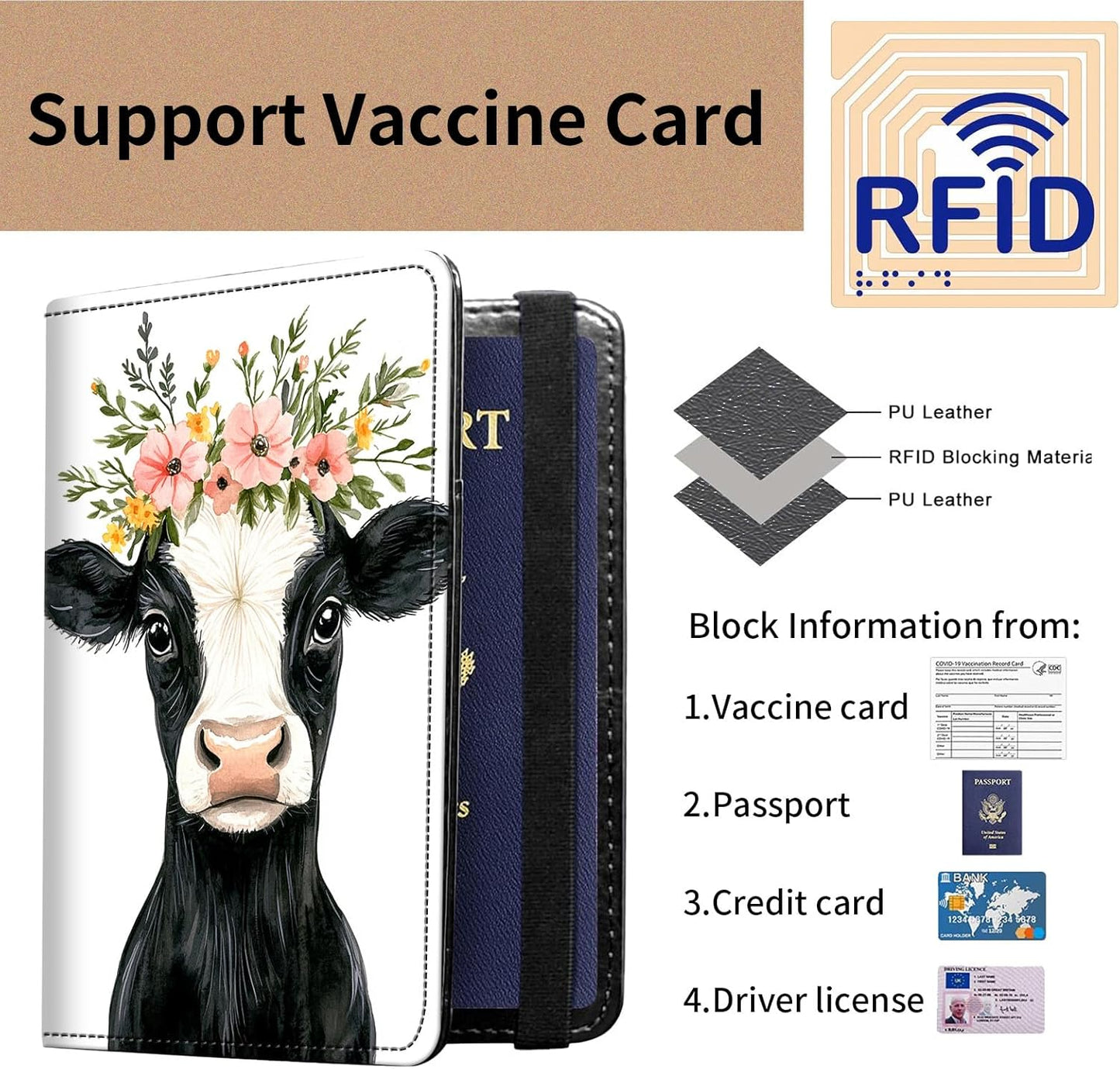 Passport and Vaccine Card Holder Cover Combo,Travel Passport Holder Wallet with RFID Blocking, Leather Vaccine Card Slot Passport Cover Case for Women & Men,Cute Baby Cow and Flowers