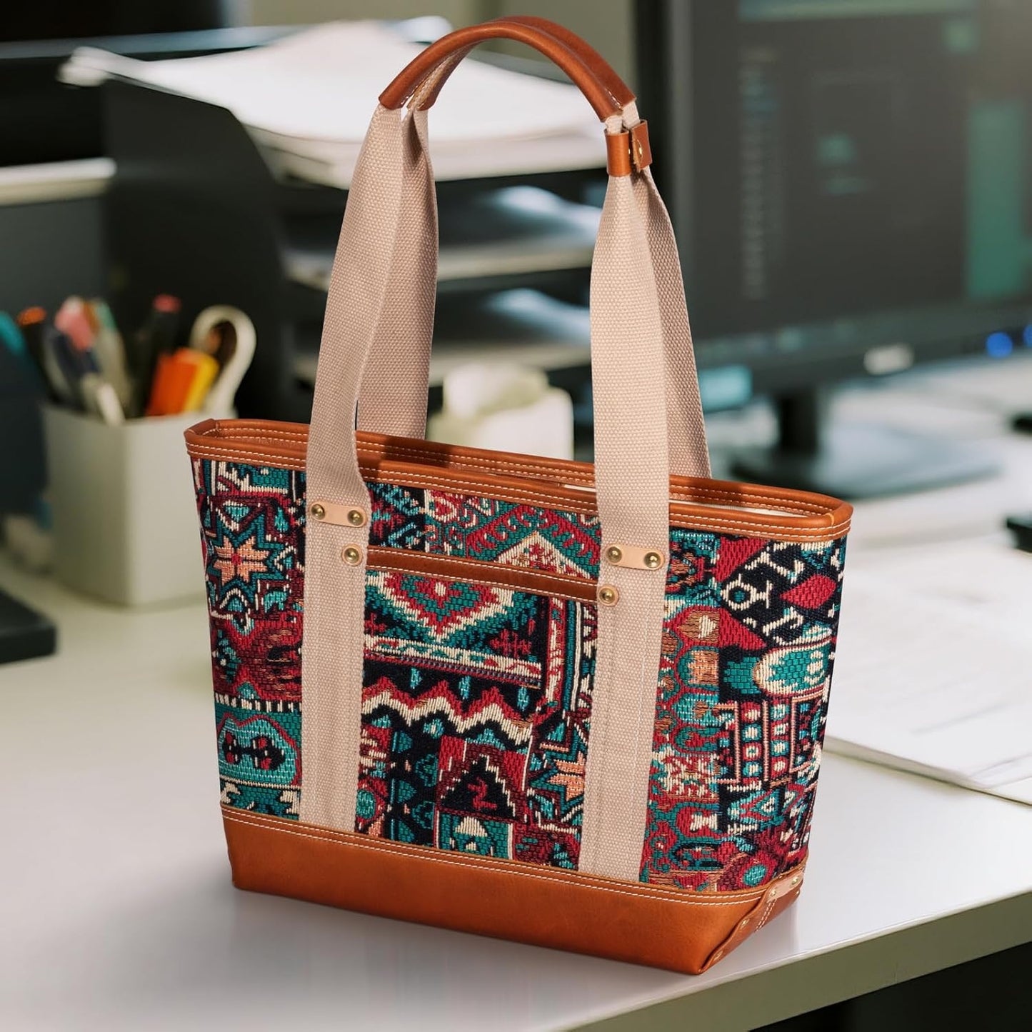 Tote Bag for Women, Canvas with Leather Handbag for Travel, Magnetic Closure,Inner Zipper Pocket