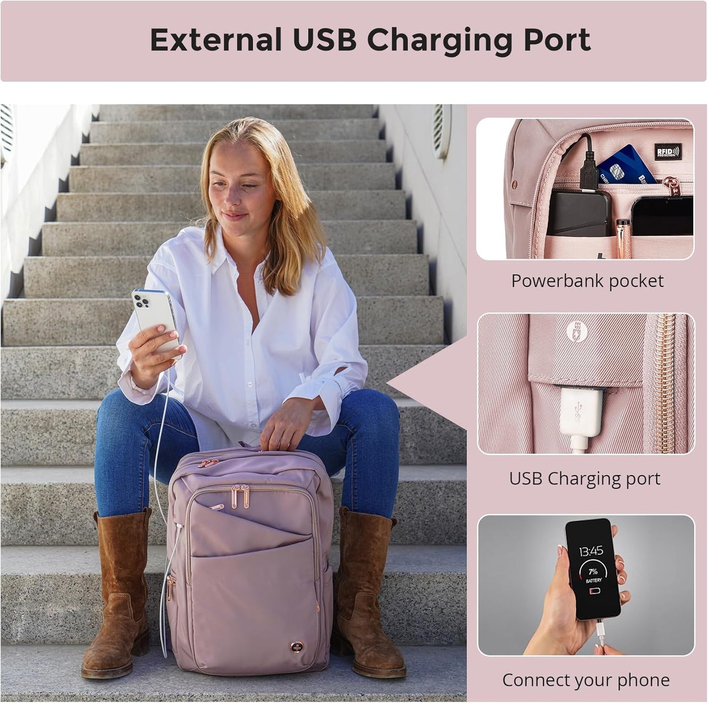 Swissdigital Design Laptop Backpack for Women,College Bookbags with USB Charging Port,Cute Computer Backpacks for Work Business,Pink | KATY ROSE