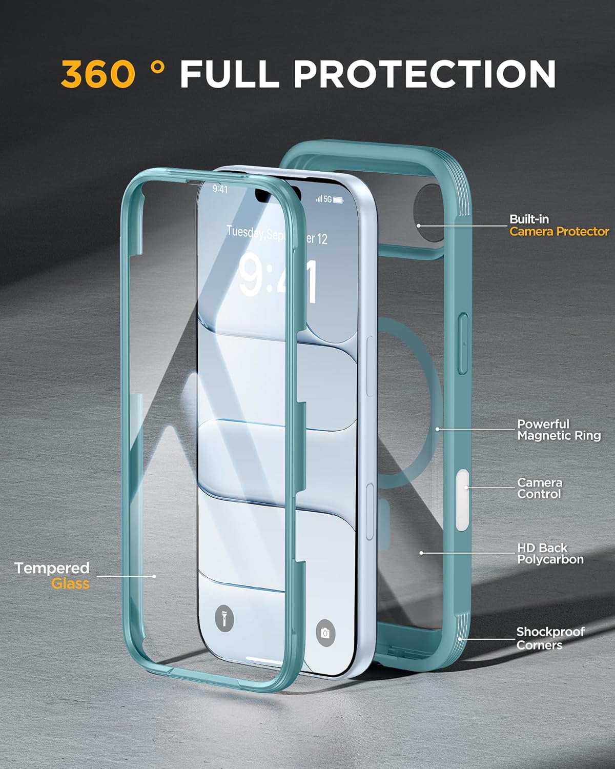 Miracase Magnetic for iPhone Air Case 6.5" [Compatible with MagSafe] Full-Body Phone Case with Built-in Glass Screen Protector & Camera Control,Drop Proof iPhone 17 Air Case Cover, Green