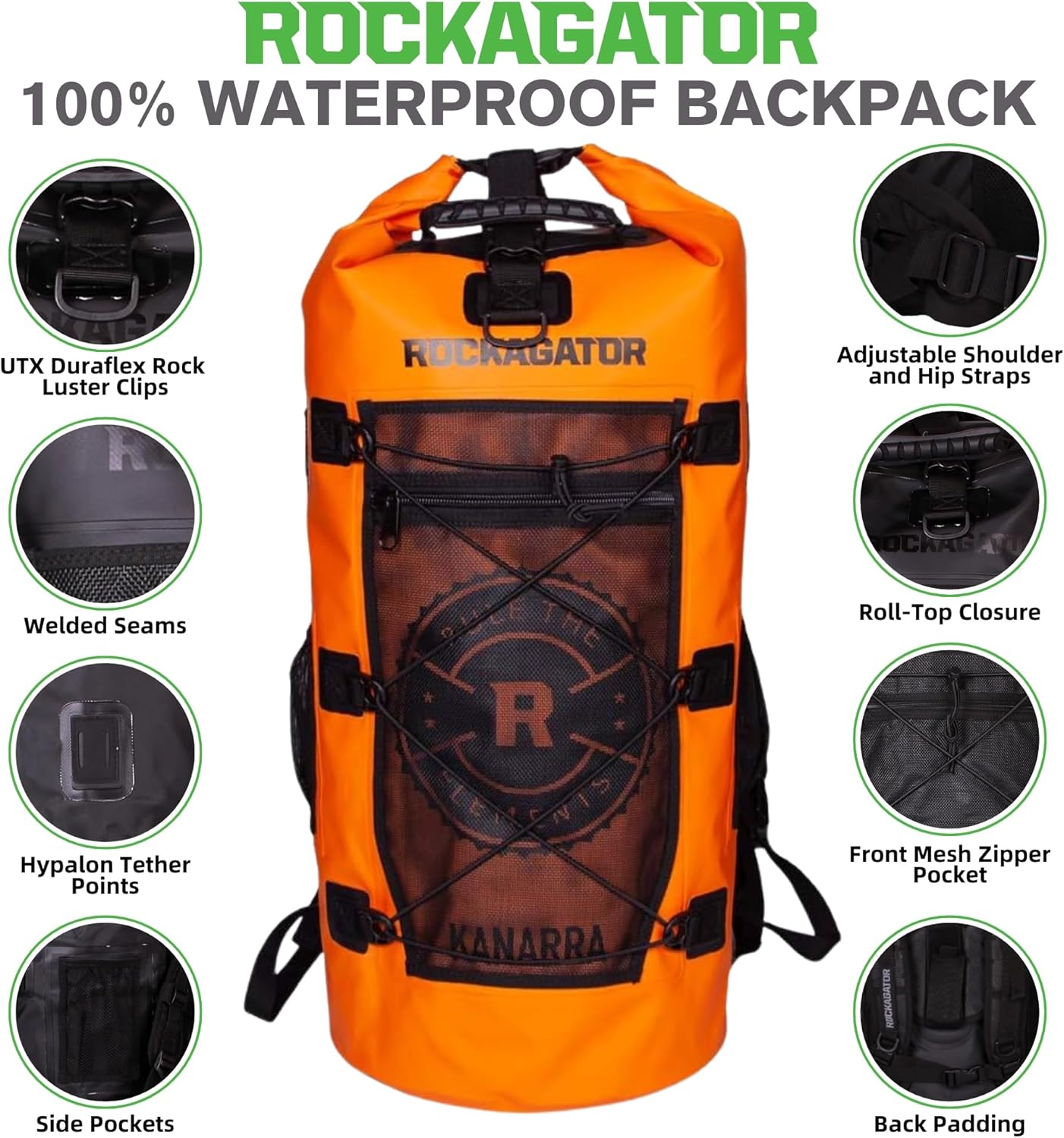 Rockagator Kanarra 90L Waterproof Backpack for Camping, Hiking, Mountaineering, Backpacking, Hunting, Fishing, Canoeing, Outdoor Activities, The Wet Outdoors - Large Capacity, Roll Top Closure, Orange