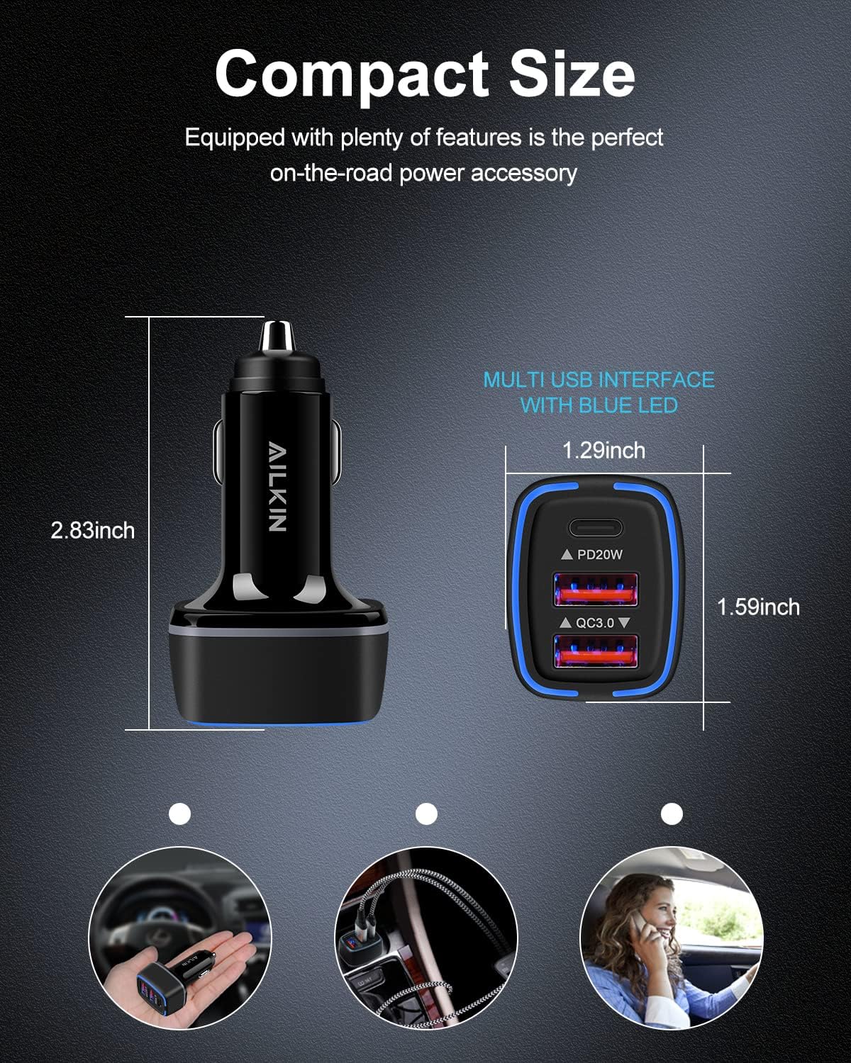 AILKIN 56W PD USB C Car Charger, Type-C Super Fast Power Charging Block 3-Port USB A & USBC Auto Cargador Carro Lighter Adapter for iPhone, iPad, Samsung Galaxy, LG, Google Pixel, Moto, USB-C&A Port