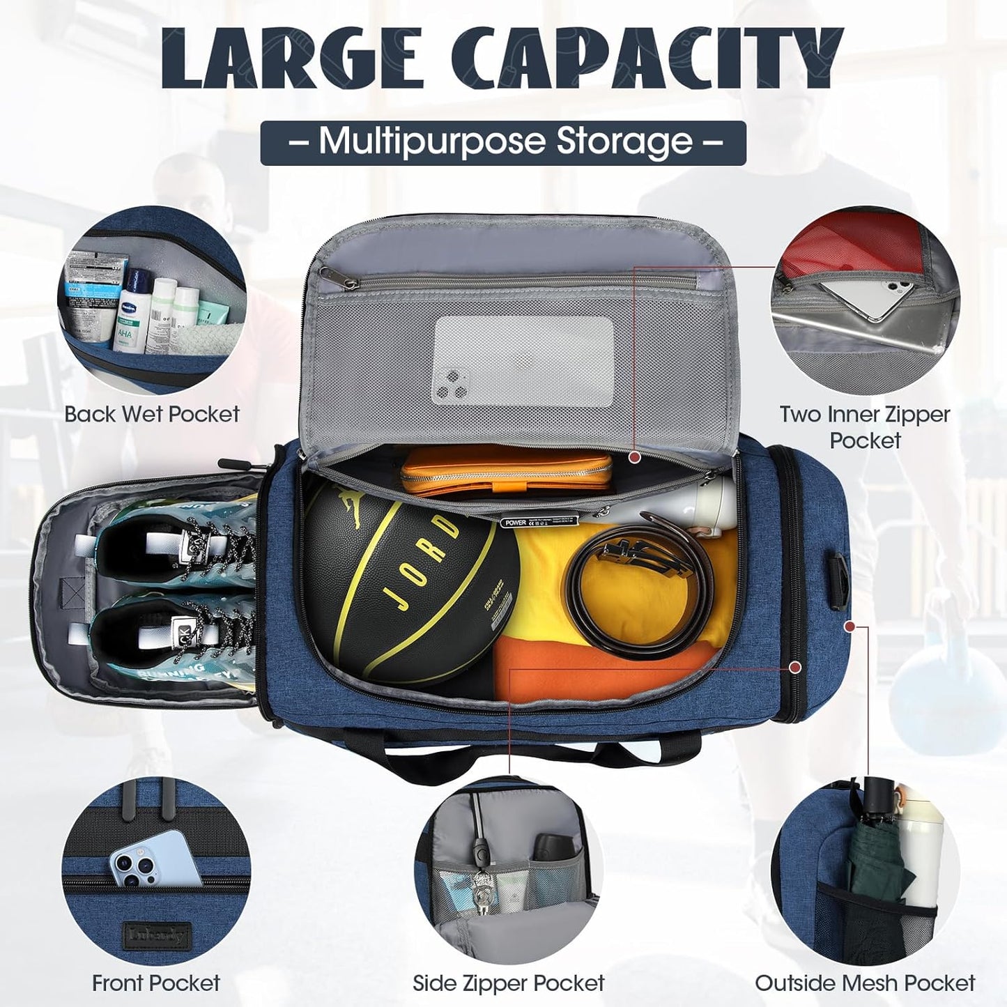 IGOLUMON Gym Bag for Men 40L Sports Duffel Bags Gym Duffle Bag Women with Shoe Compartment & Wet Pocket Water Resistant Travel Duffel Bag Lightweight Weekender Overnight Bag Blue
